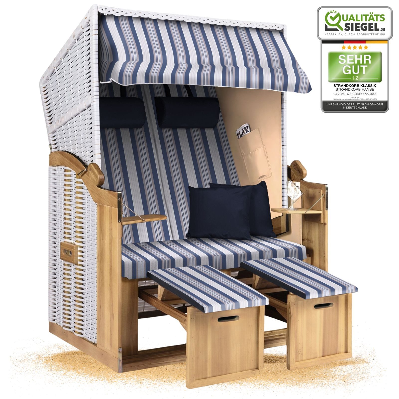 Strandkorb Hanse Strandkorb Strandkorb 2-Sitzer Ostsee Volllieger in Weiß Beige Blau, BxTxH: 120x80x160 cm, Ostsee Volllieger, Ostsee 2-Sitzer Modell 2025, Stabiles Wacholder mit handgefertigtem Polyrattangeflecht