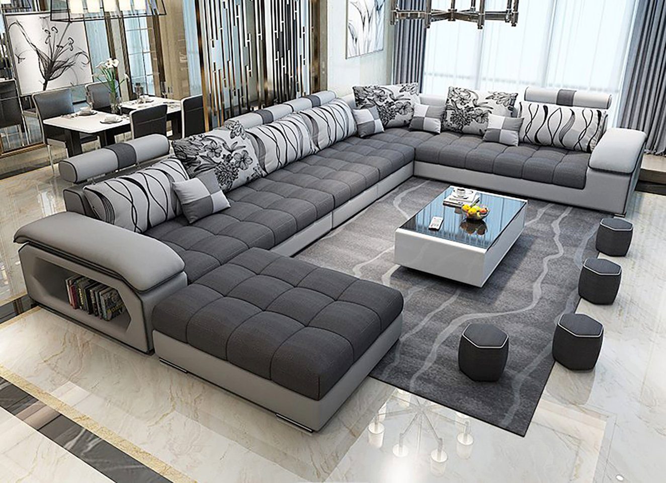 JVmoebel Ecksofa, Modern Eckcouch Design Sofa Polster Ecke Leder Textil Couch LED Grau/Hellgrau
