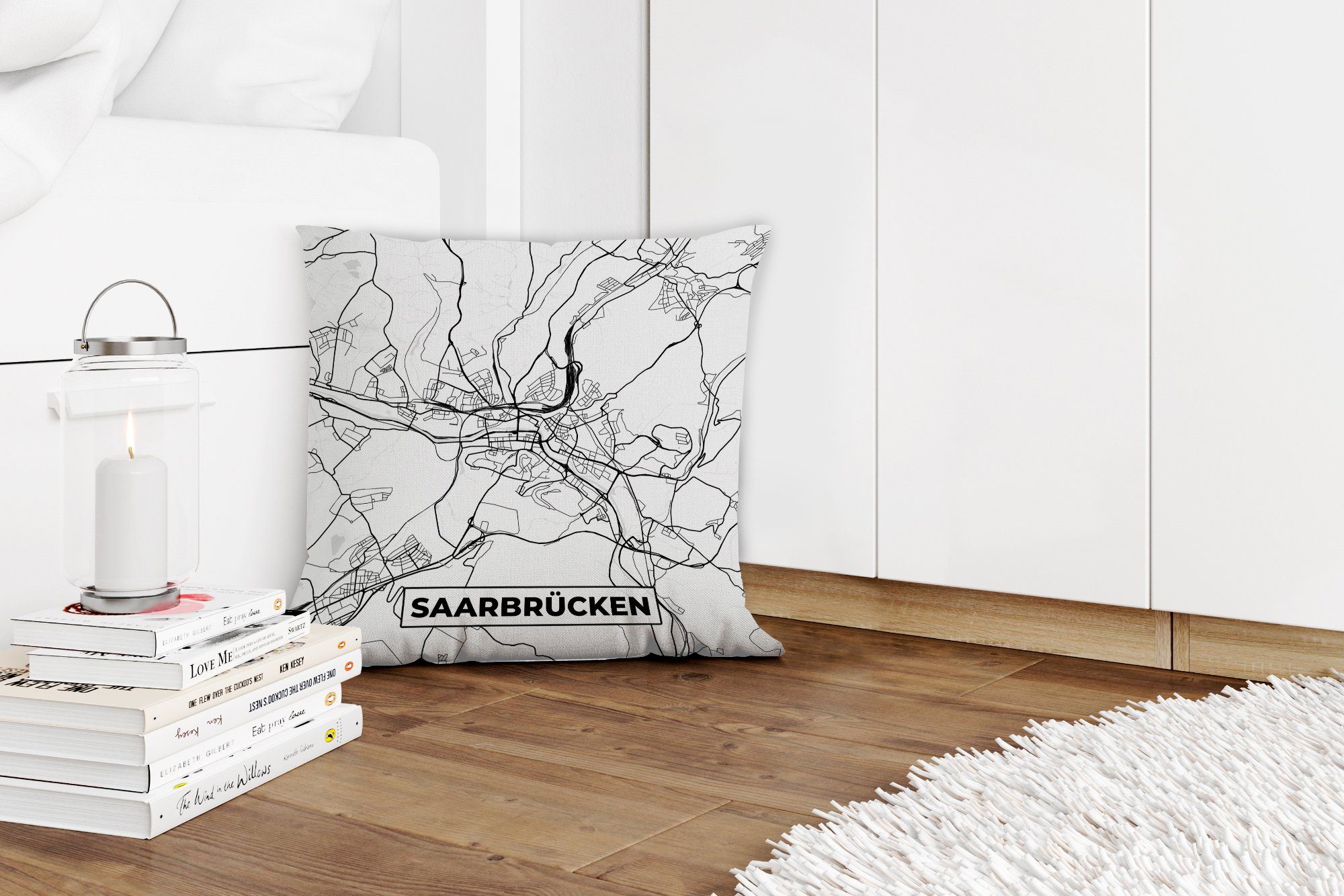 Deko, Wohzimmer, Stadtplan, Saarbrücken - für Füllung - Dekokissen mit Zierkissen Karte Karte Schlafzimmer, MuchoWow - Sofakissen