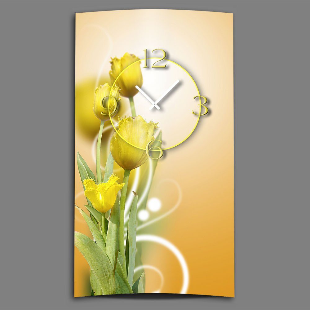 dixtime Wanduhr gelbe Tulpen Designer Wanduhr modernes Wanduhren Design leise kein (Einzigartige 3D-Optik aus 4mm Alu-Dibond) | Wanduhren