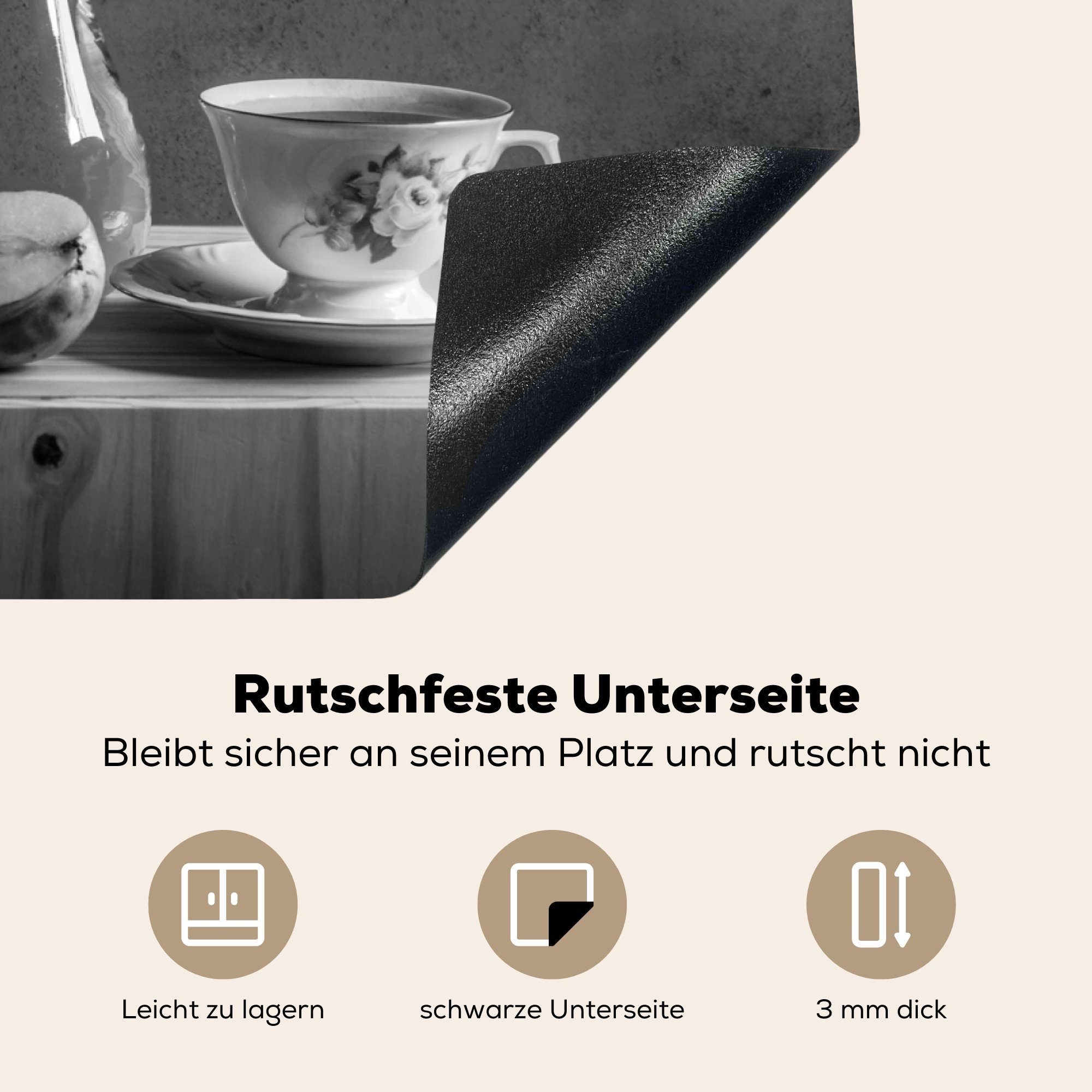 für Tisch die 71x52 Ceranfeldabdeckung - (1 Induktionskochfeld Schutz Vinyl, küche, - - Herdblende-/Abdeckplatte Weiß, tlg), cm, Stilleben MuchoWow Schwarz