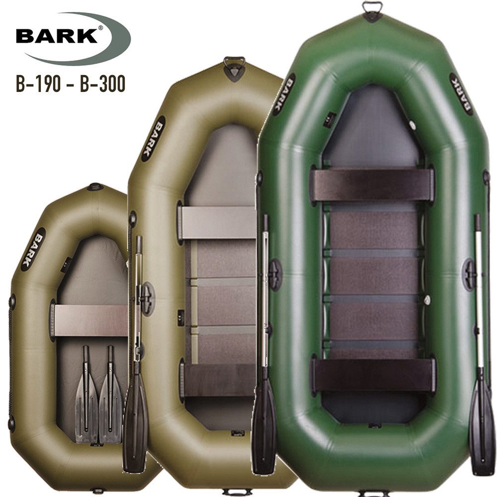 BARK Boote Schlauchboot 1,9m-3m, 1-3 Personen, Angelboot BARK B-190 bis B-300, (mit 2 Paddeln und Zubehör), Komplettset mit Tragetasche, Fußpumpe und Reparaturset