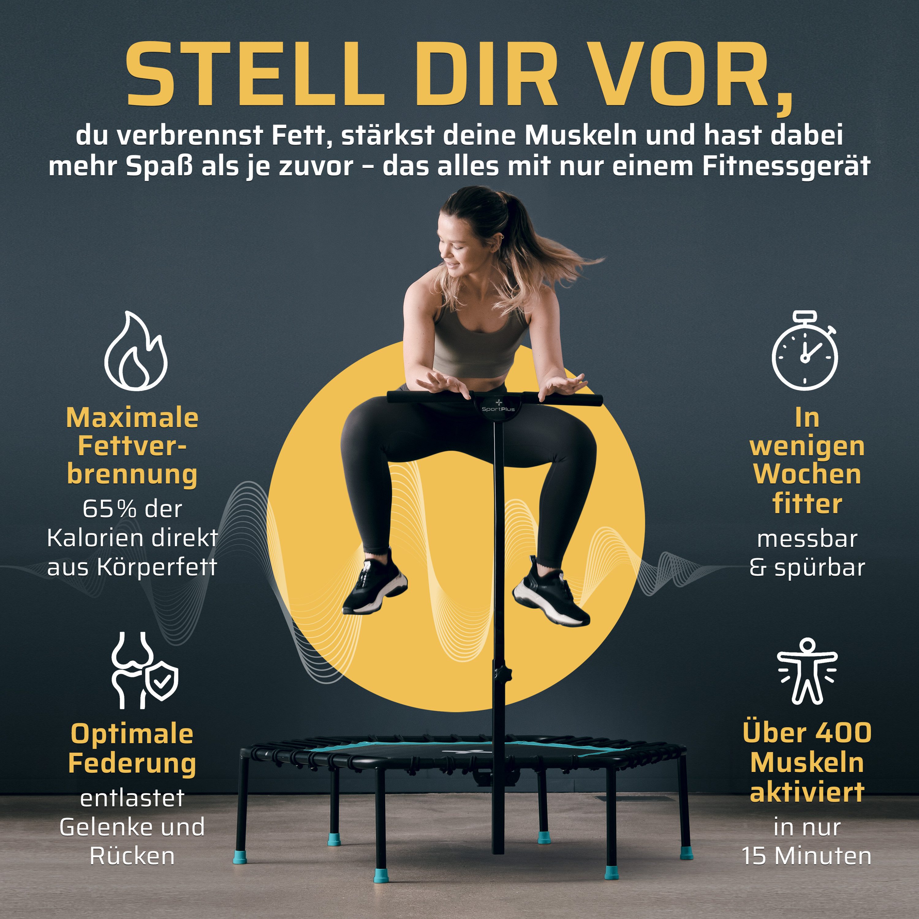 SportPlus Fitnesstrampolin SP-T-1100-T, Fitness Trampolin für zuhause, Fitnesstrampolin mit Haltefunktion