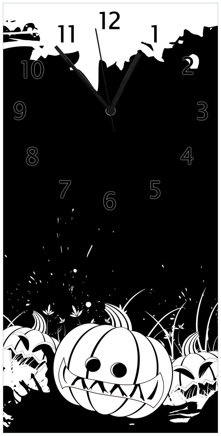Wallario Wanduhr Halloween - Kürbisse und Fledermäuse in schwarz-weiß, Comic Stil (Uhr aus Acryl)