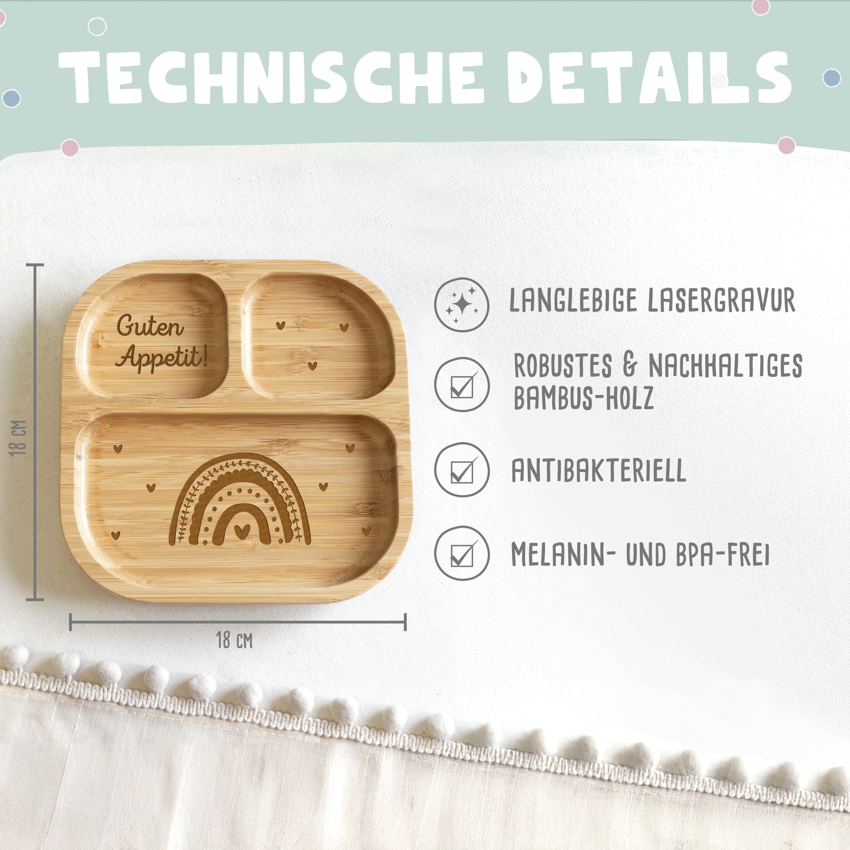 hellomini Kindergeschirr-Set Babyteller "Regenbogen" Bambus Nur Teller (1-tlg), 1 Personen, Bambus, Silikon, BPA-frei, mit Motiv, rutschfest,Saugnapf, Montessori-Fächer