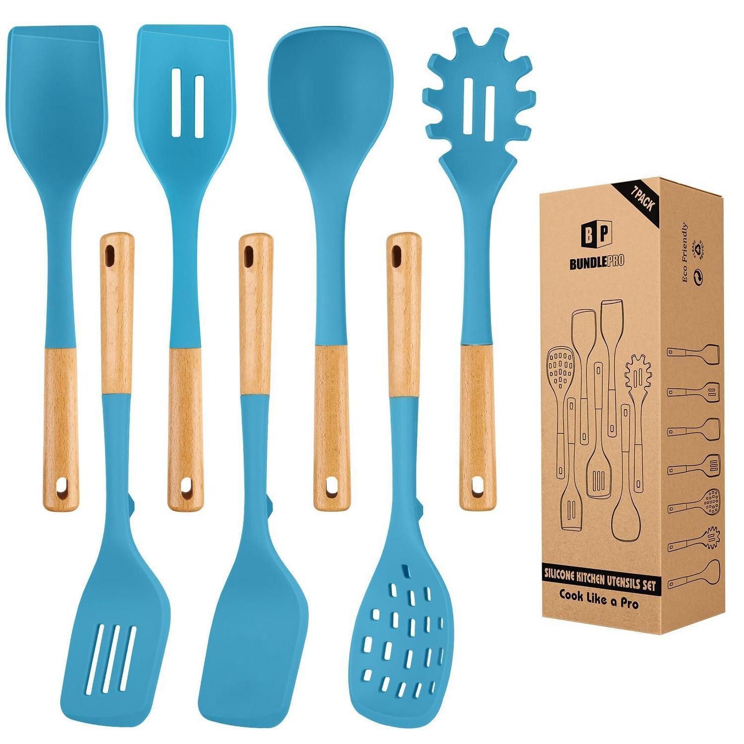 LuxusKollektion Kochbesteck-Set Küchenutensilien Set 7tlg Blau Holzgriff
