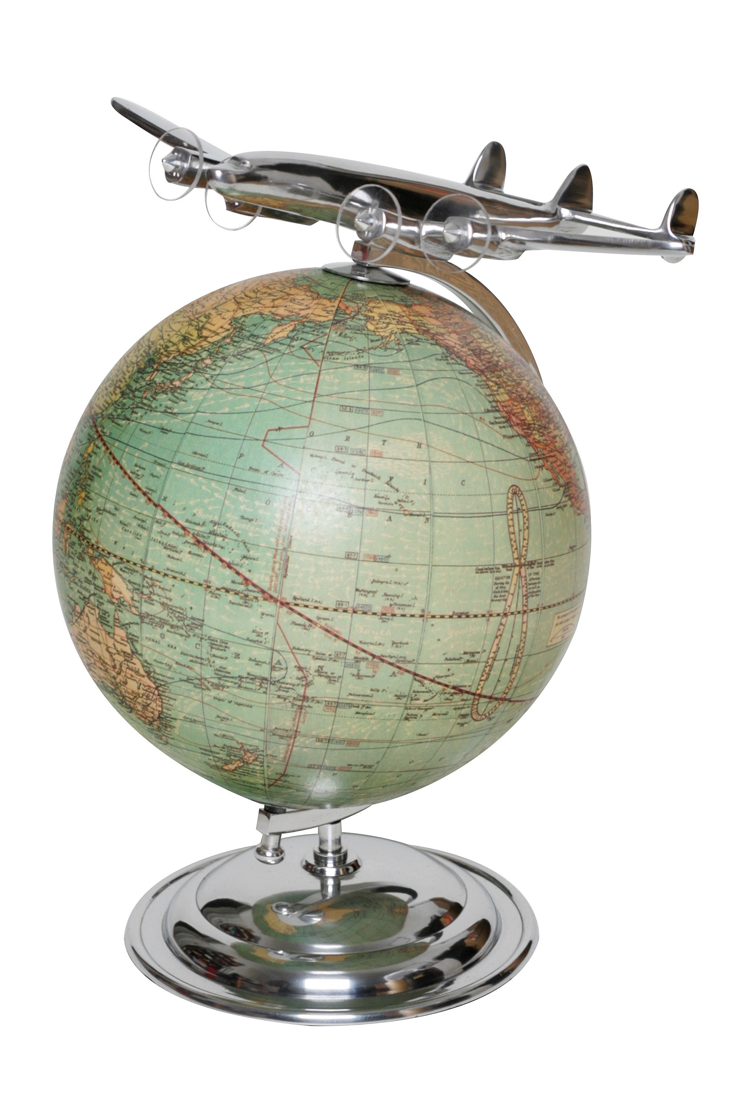 Brillibrum Dekoobjekt Globus mit Flugzeug Art Déco Antiklook Modellflugzeug Erde Welt Weltkugel Erdkugel Deko Flieger Silber Kugel