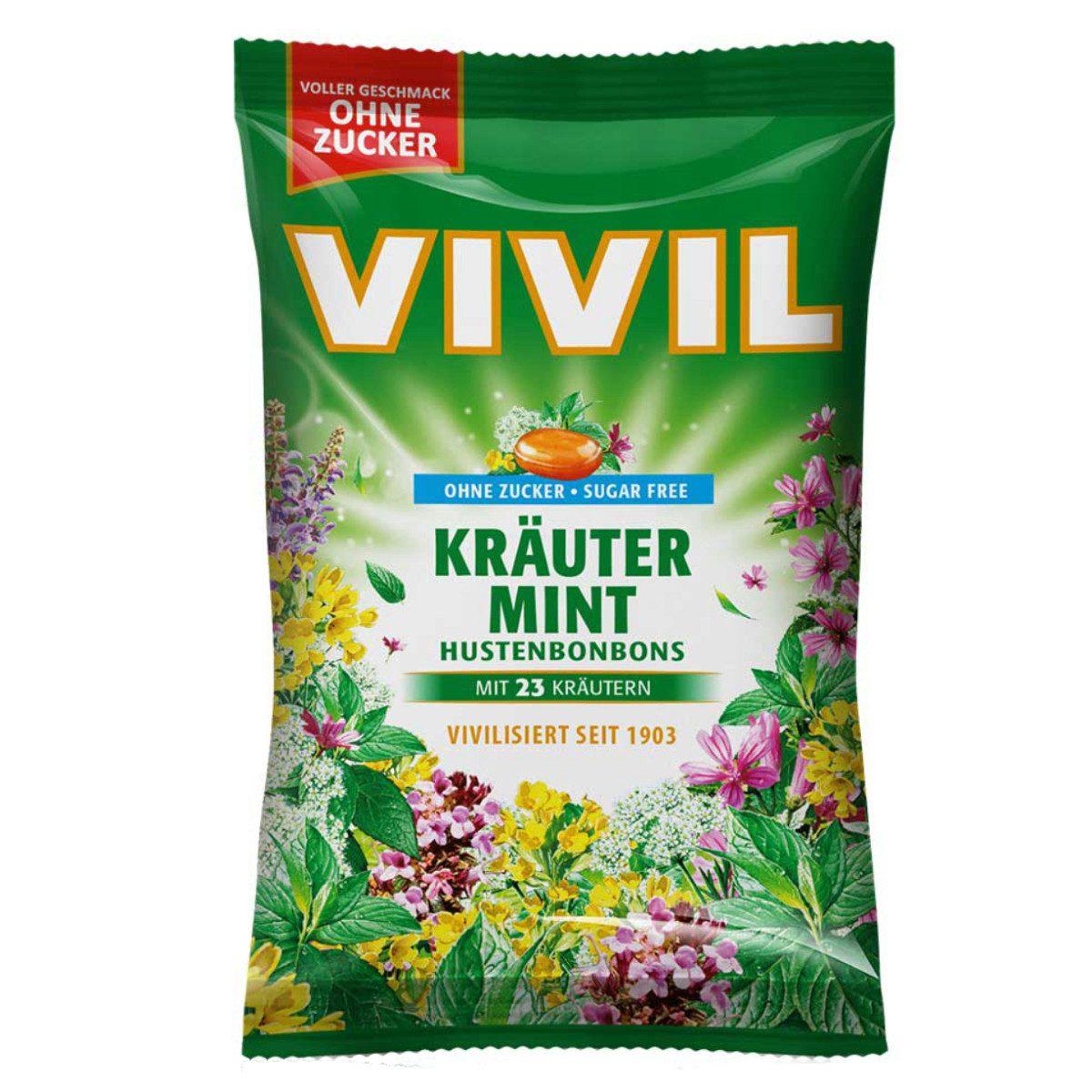 VIVIL Süßigkeit, Vivil Hustenbonbons Kräuter Mint ohne Zucker einzeln verpackt 120g