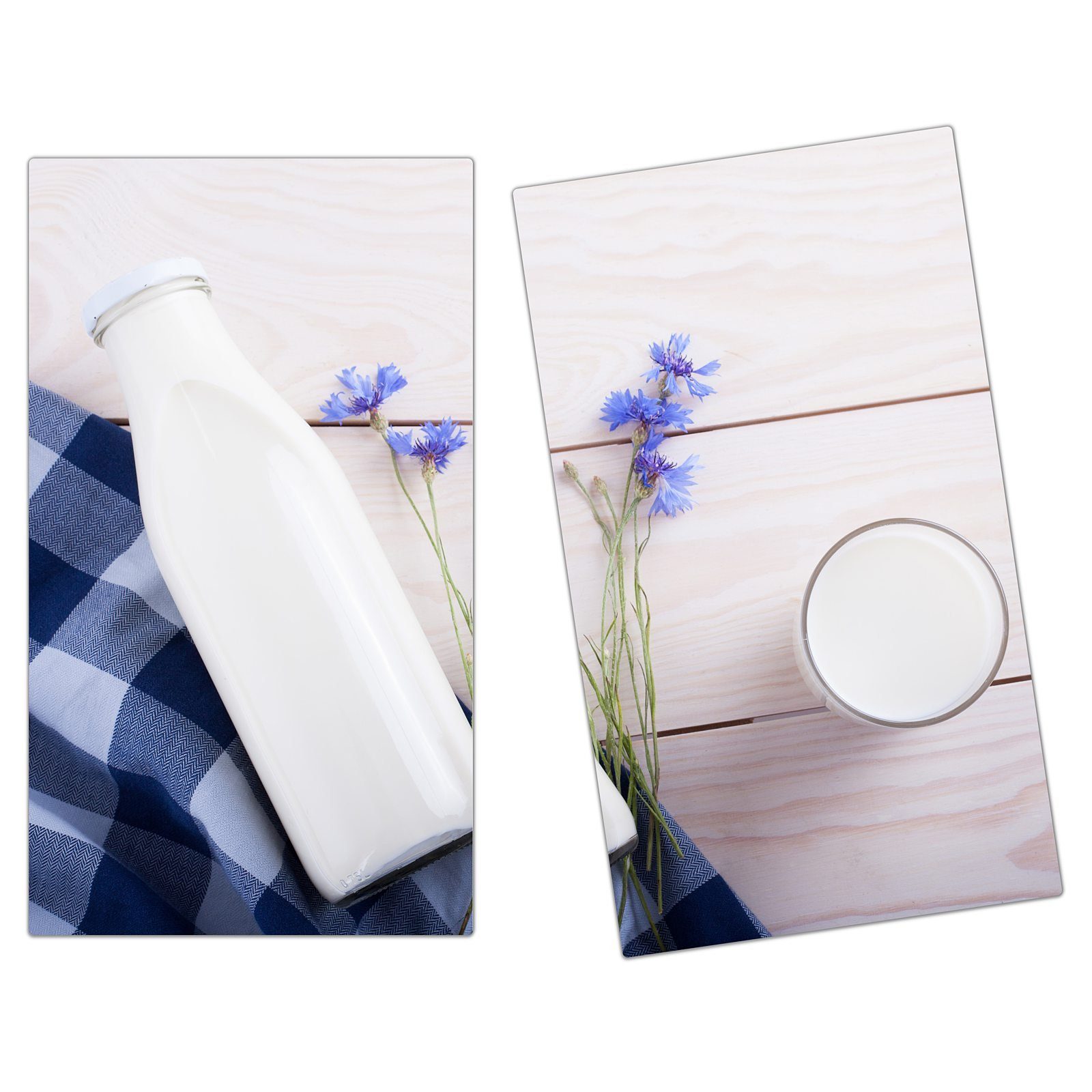 Primedeco Herd-Abdeckplatte Herdabdeckplatte Spritzschutz aus tlg) Holztisch, Milchflasche Glas auf Glas, (2