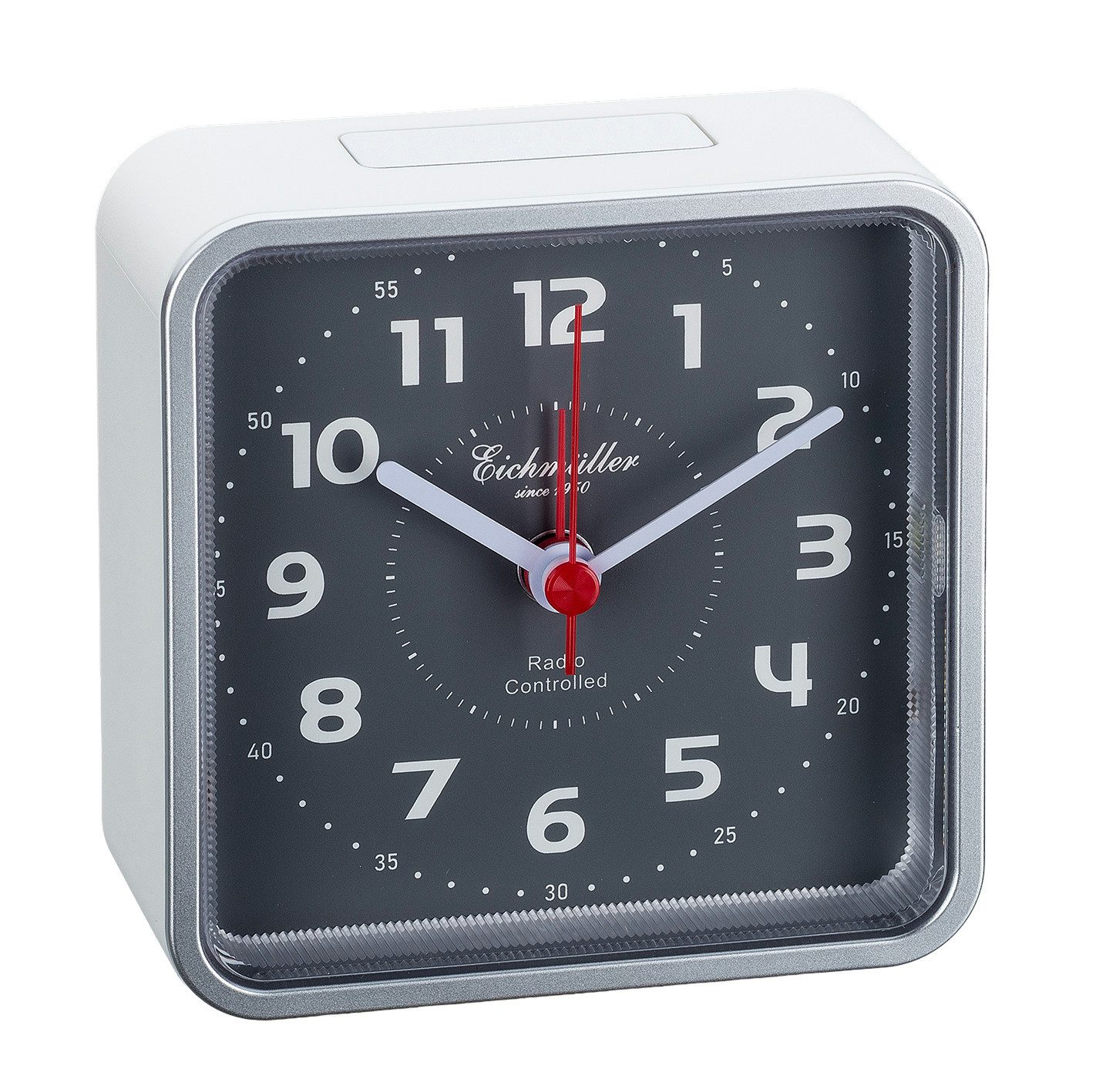 Eichmüller Funkwecker 9842-03 Analog Silber quadratisch leise Snooze Licht Nachttischwecker