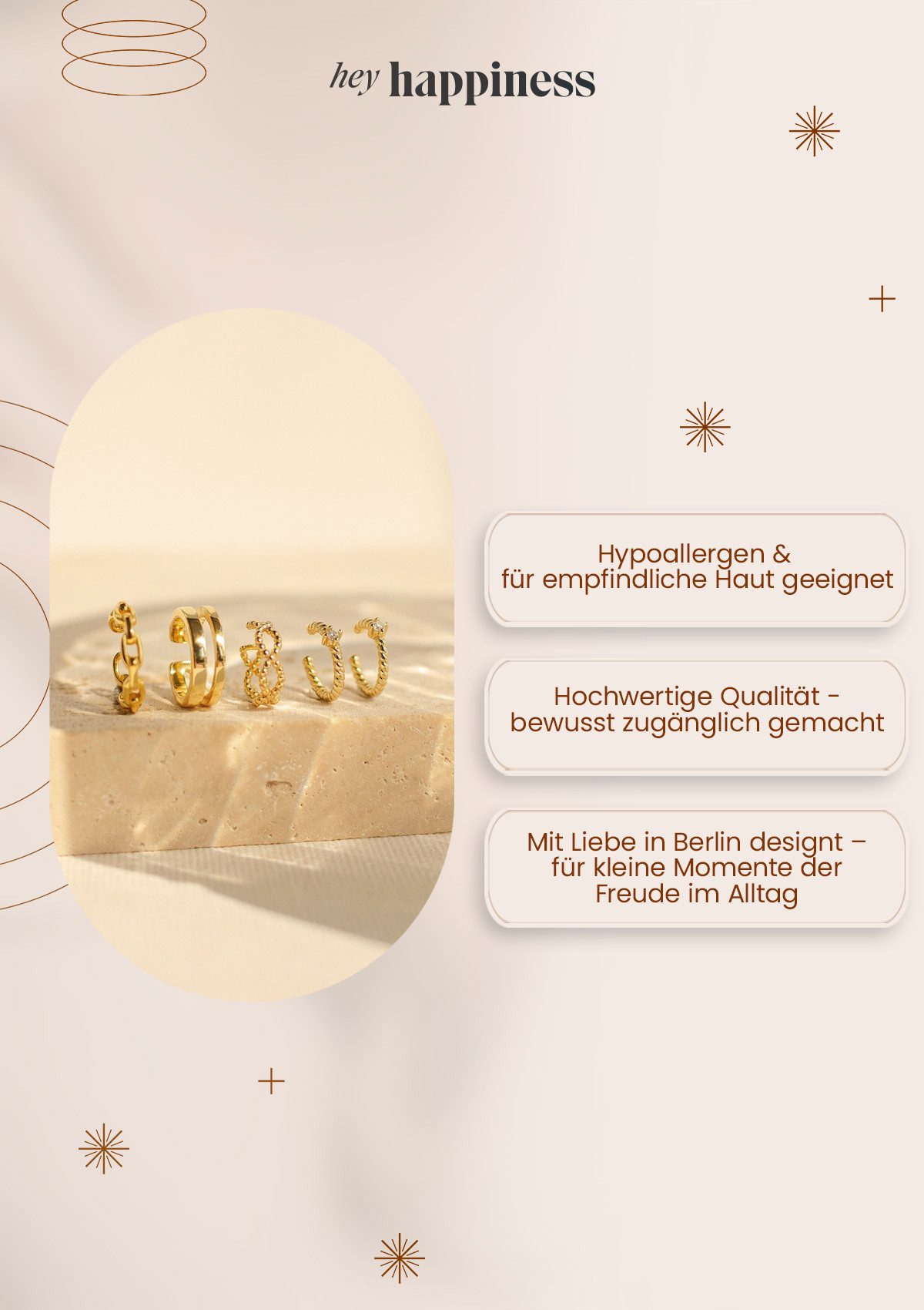 Hey Happiness Ohrklemme Mix und Match, aus 925 Silber vergoldet, Kreuz, Edelsteine oder Wellen Ohrring ohne Loch, Damen Ear Cuff
