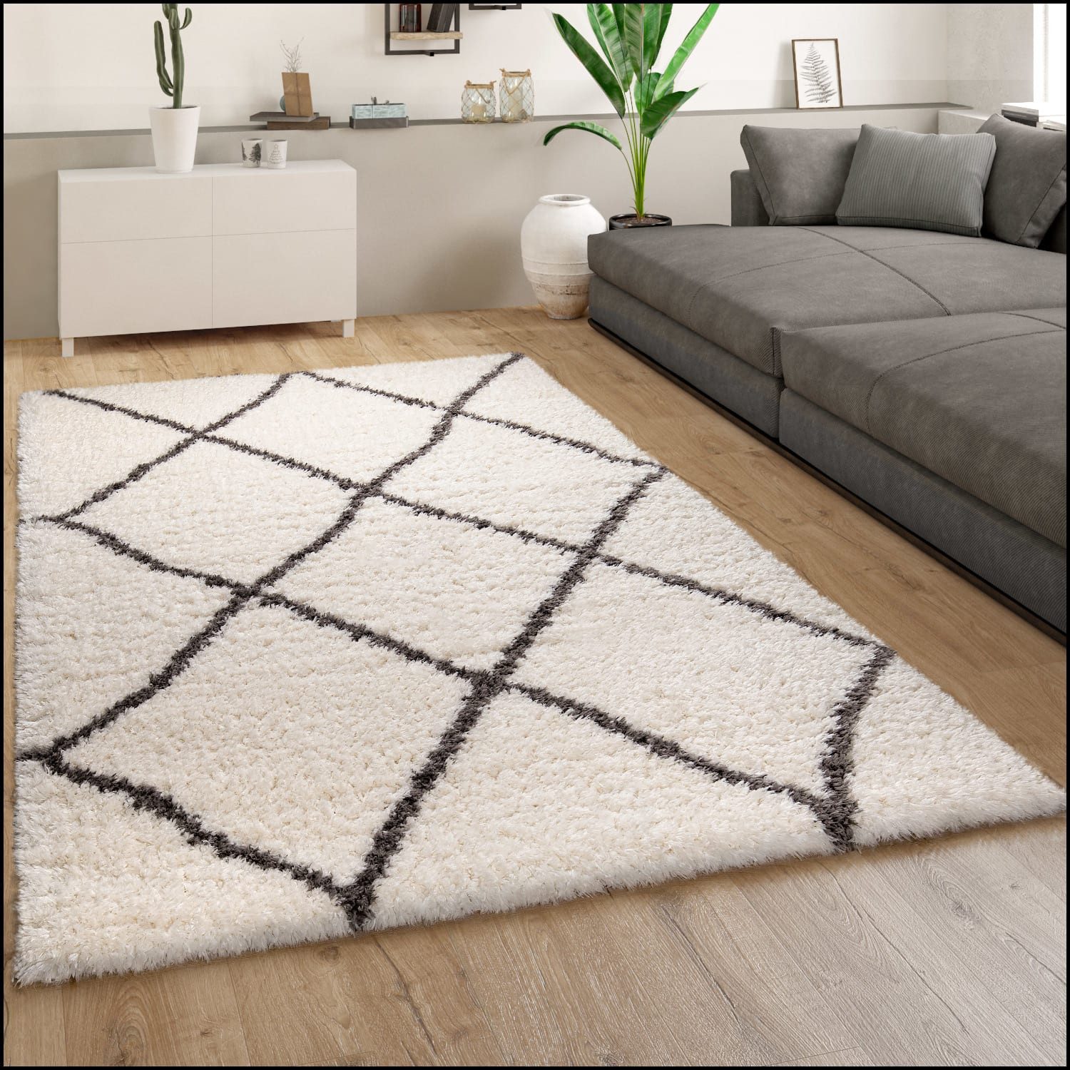 KADIMA DESIGN Teppich Rautenmuster Schlafzimmer schmutzabweisend Hochflor Teppich Shaggy, Rechteckig, Höhe: 54 mm, Florhöhe: 50 mm, 100% Polyester, 60x90cm, Creme