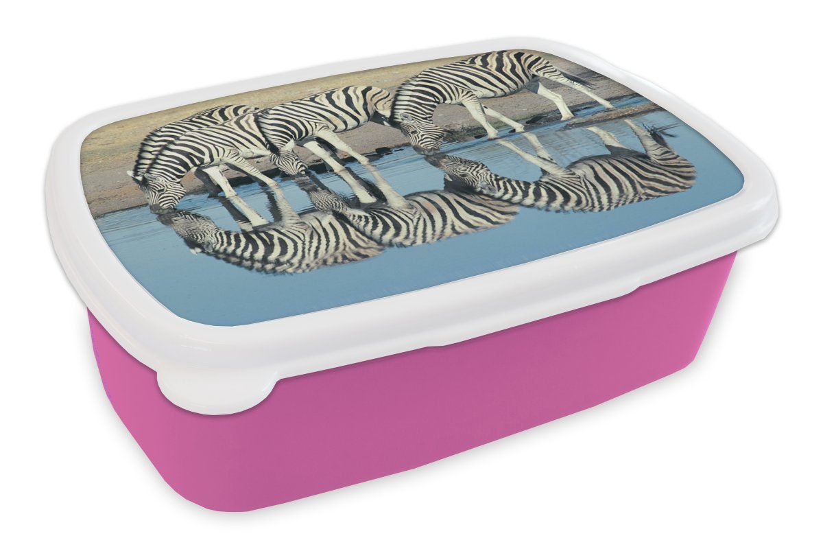 MuchoWow Lunchbox Brotdose Mädchen, Kunststoff Zebra Brotbox - - für (2-tlg), Wasser Snackbox, Kinder, Erwachsene, - Kunststoff, Savanne, Spiegelung rosa