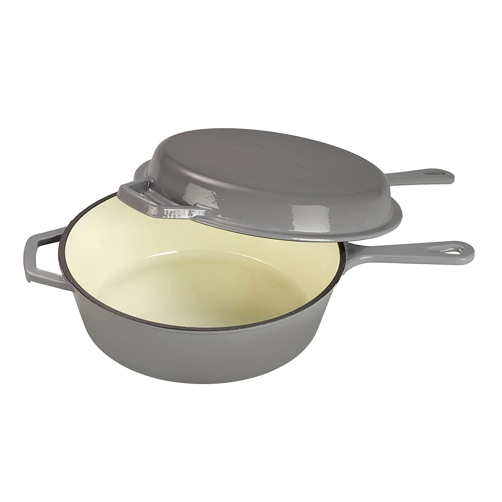ECHTWERK Bratpfanne Grillpfanne 2-in-1 Set, Gusseisen (Schmortopf aus Gusseisen inklusive Deckel), Emaille-Beschichtung. Kombi-Schmortopf.