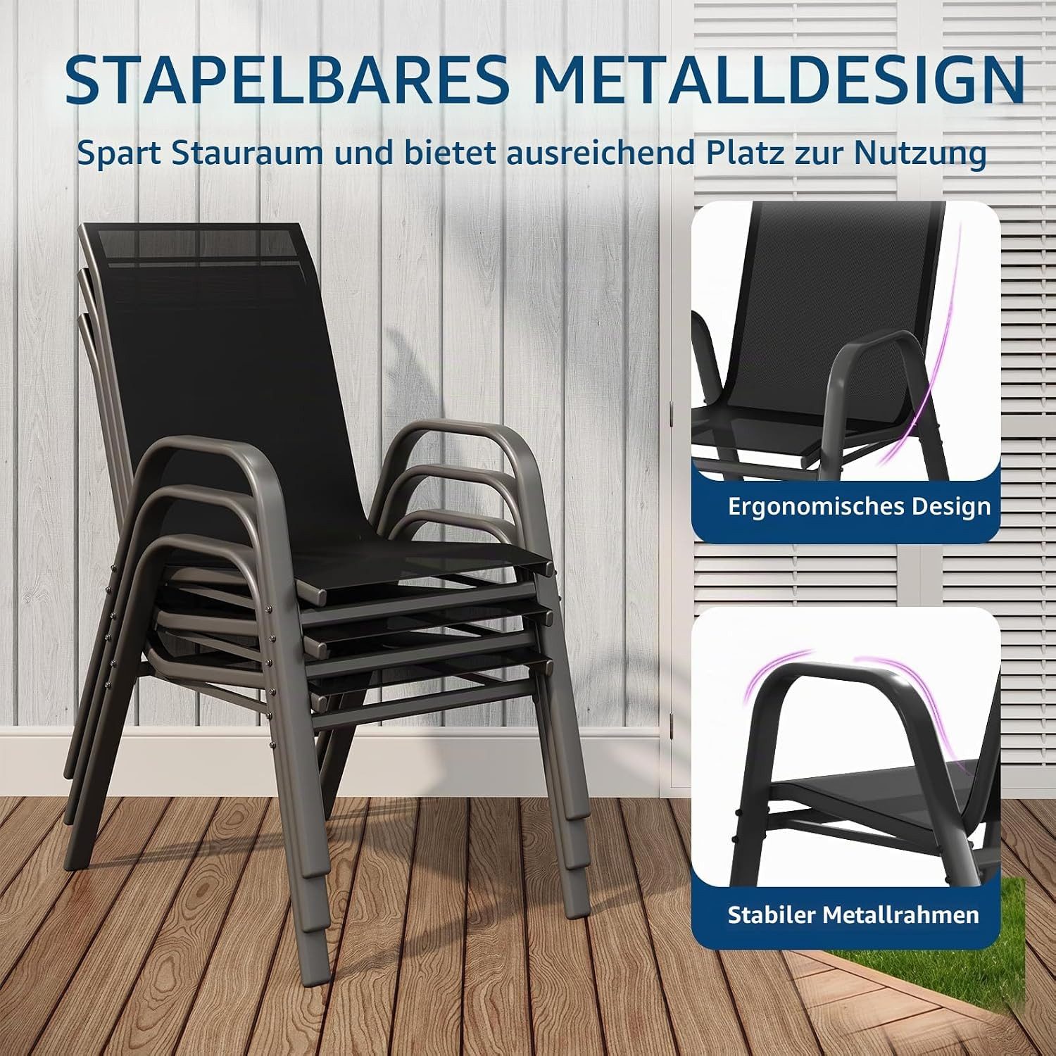 GarveeMore Gartenstuhl 4er Set Outdoor Stühle Set wetterfest & rostbeständig,Terrassenstühle, Stapelbare Textilene Gartenstühle ausMetall,für Garten,Balkon&Terrasse
