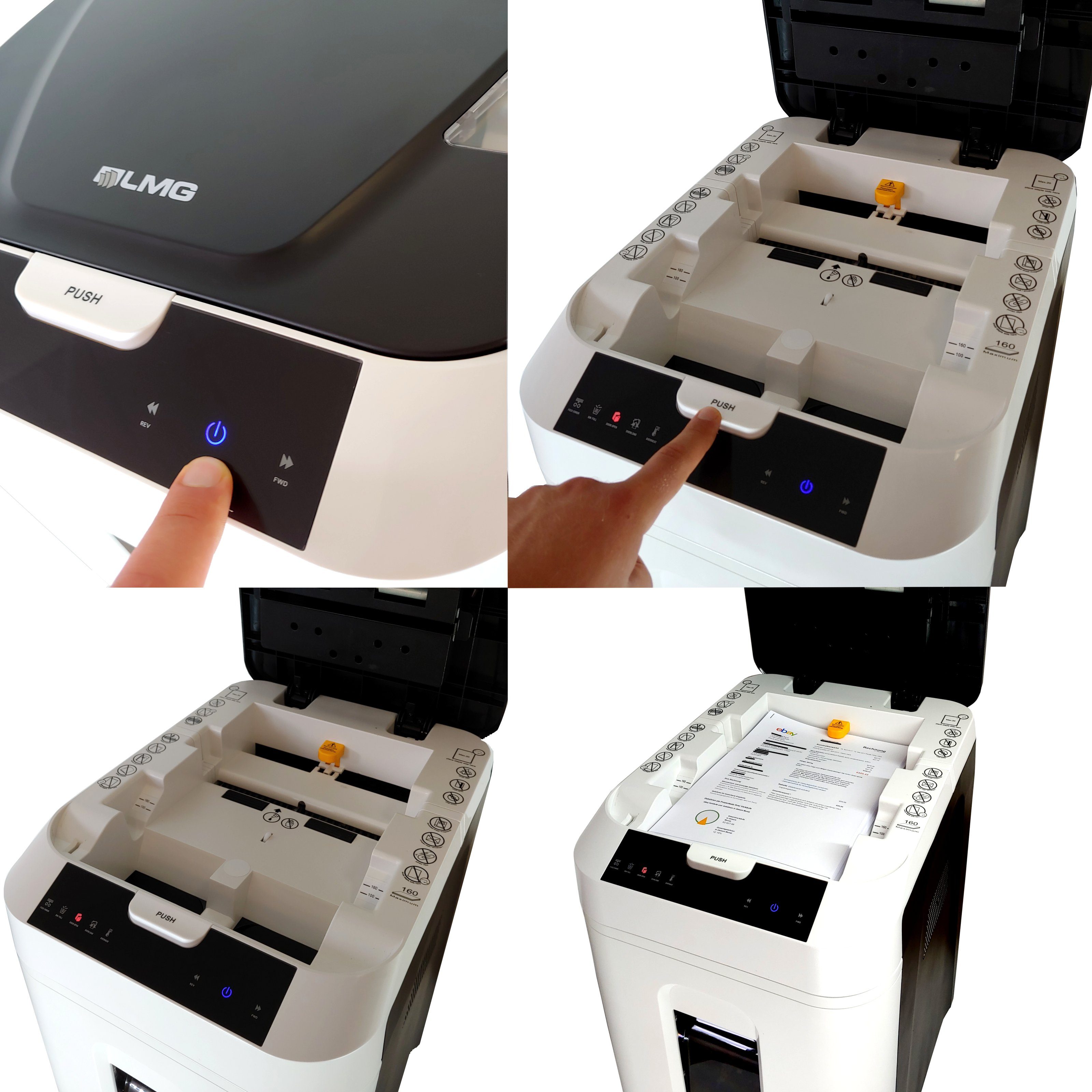 LMG Germany Aktenvernichter Autofeed Profi Shredder, 180 Blatt gleichzeitig, als P4 oder P5, Partikelschnitt Cross Cut, 32L Partikelschnitt weiß, sehr leise – Bild 5 von 5