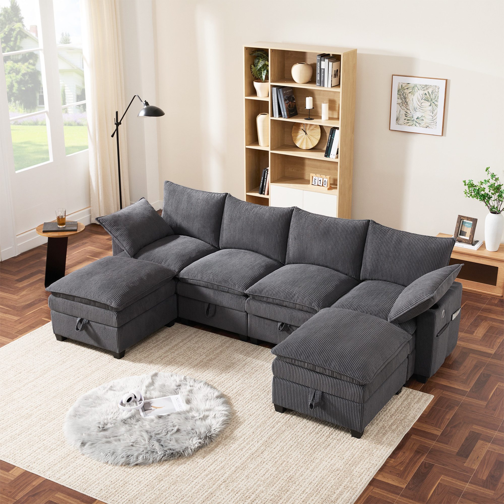 HAUSS SPOLE Schlafsofa Ecksofa mit abnehmbare Fußhocker L-förmige Wohnzimmersofa mit Stautaum