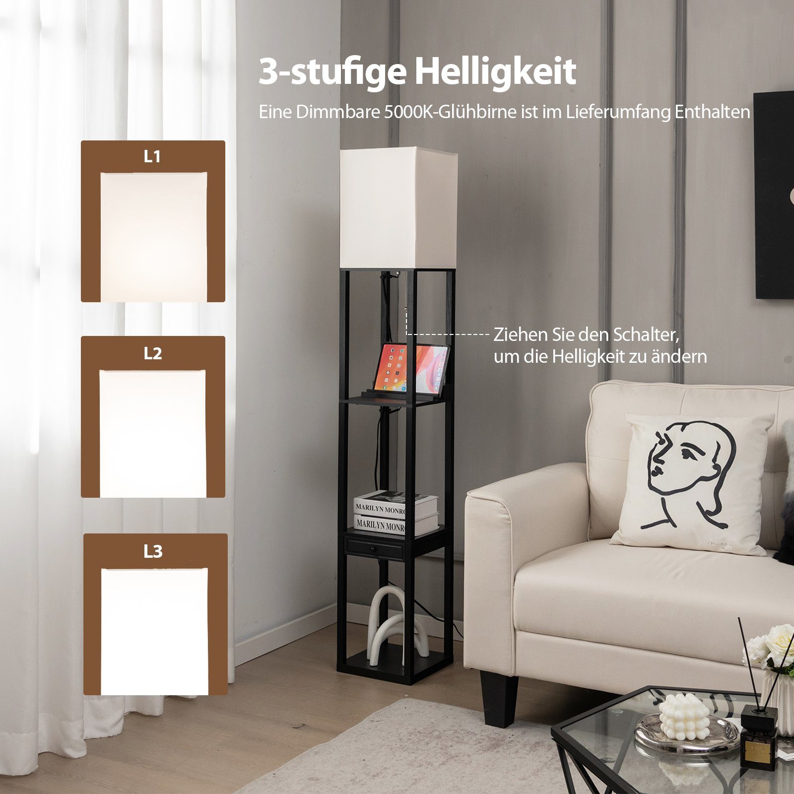 COSTWAY Stehlampe, LED wechselbar, mit 3-Ebenen und USB-Anschluss