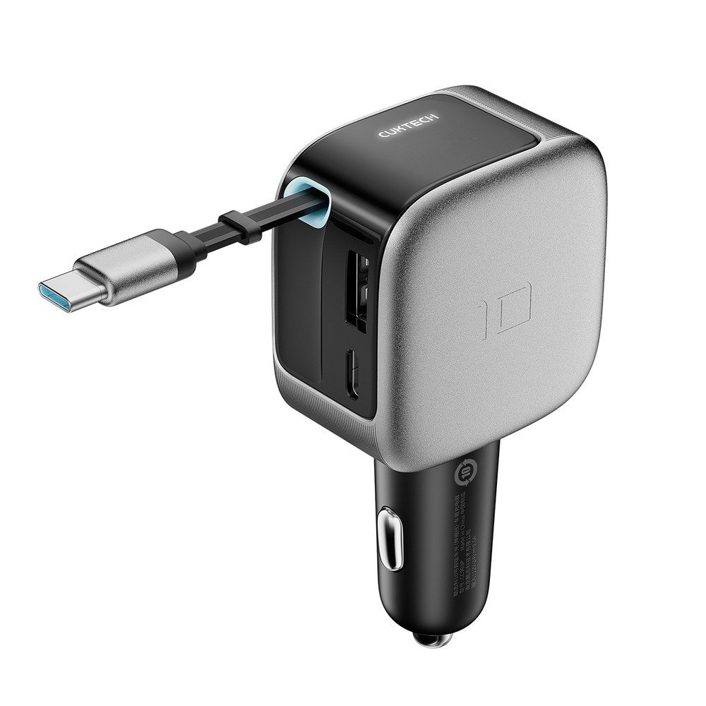 Cuktech Autoladegerät Schnellladegerät Bordnetzadapter KFZ-Netzteil (100 W, einziehbares Kabel, Display, USB-C & USB-A)