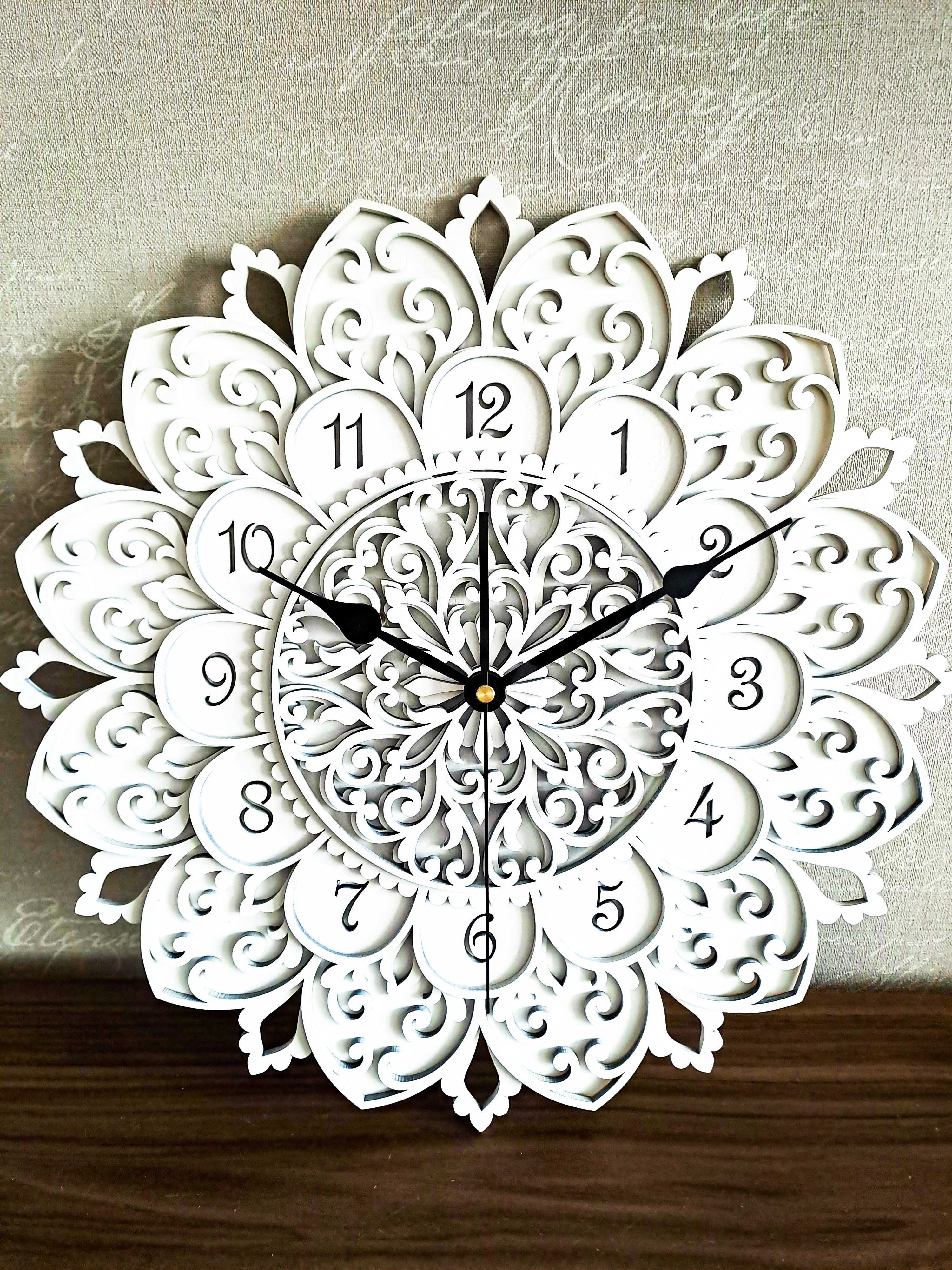 ORNAMENTI Wanduhr Boho, große, blumen Wanduhr aus holz, 4 Schichten, ohne Tickgeräusche