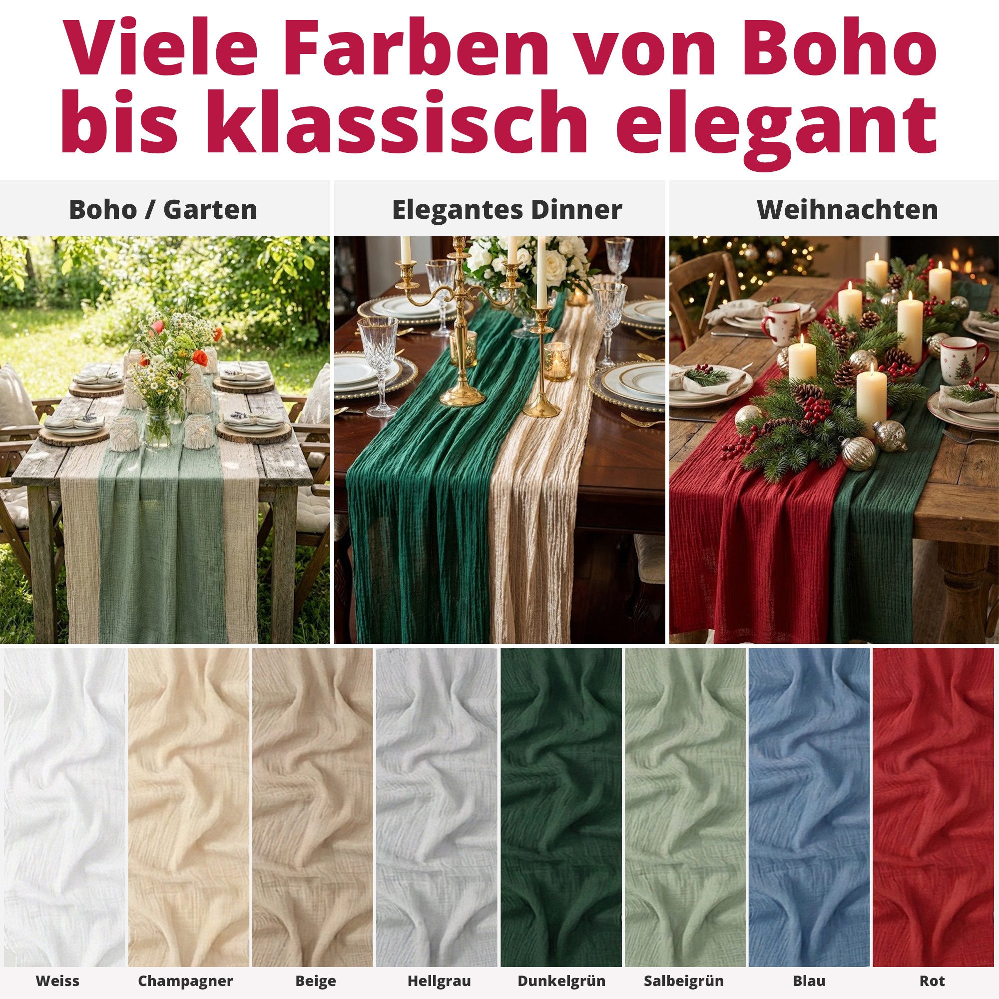 DecoHomeTextil Heimtextilmanufaktur Tischläufer Musselin Tischläufer 80 x 300 cm Weicher Gaze Stoff mit Faltenoptik (1-tlg) – Bild 4 von 5