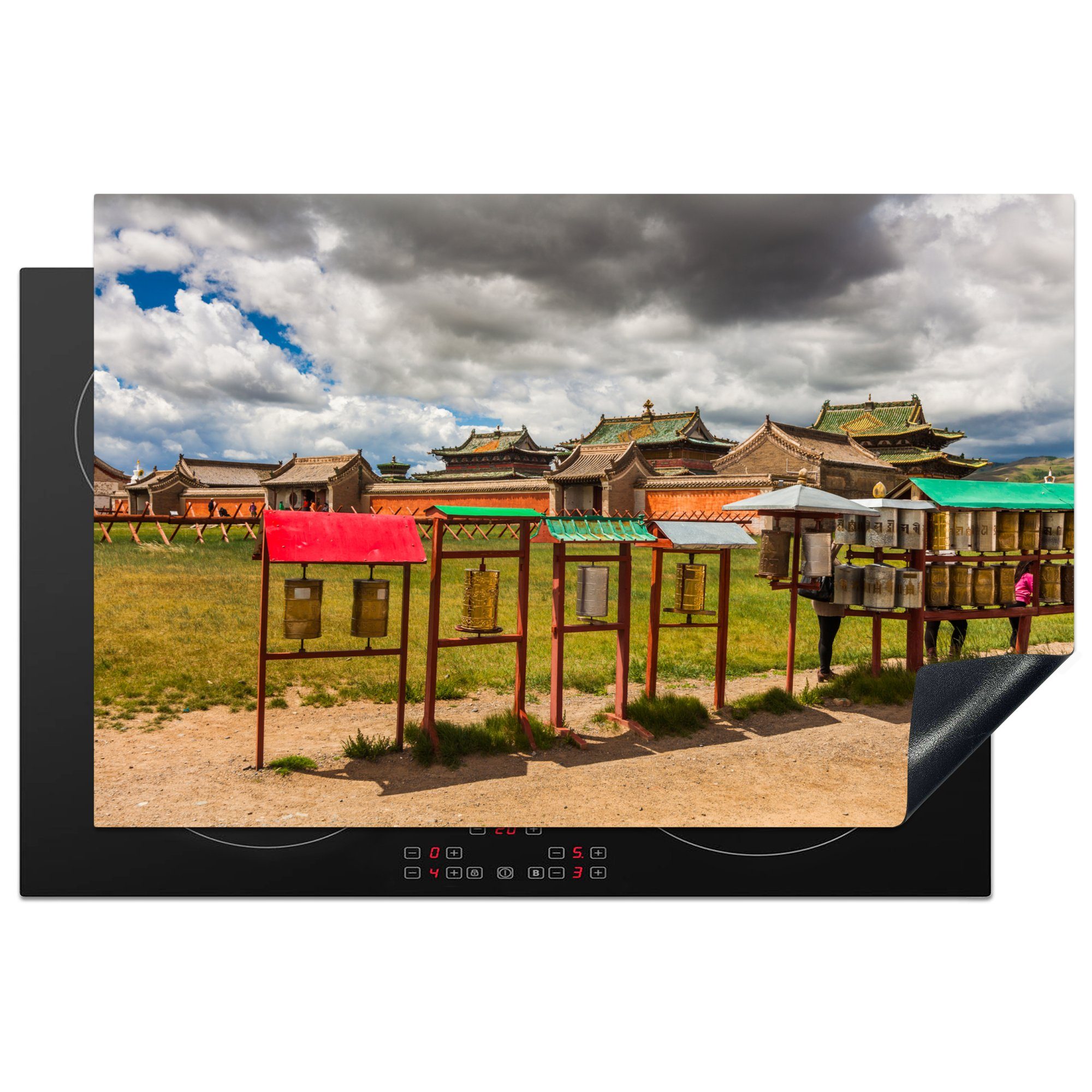 MuchoWow Herdblende-/Abdeckplatte Das asiatische Erdene Zuu-Kloster in der Mongolei an einem bewölkten, Vinyl, (1 tlg), 81x52 cm, Induktionskochfeld Schutz für die küche, Ceranfeldabdeckung