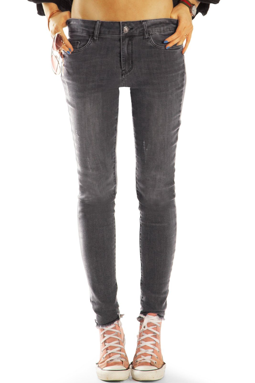 be styled Destroyed-Jeans Medium Waist Slim Fit Röhrenjeans Skinny lange Stretch Hose - Damen - j21L-2 ausgefranster Saum, 5-Pocket-Style, mit Stretch-Anteil