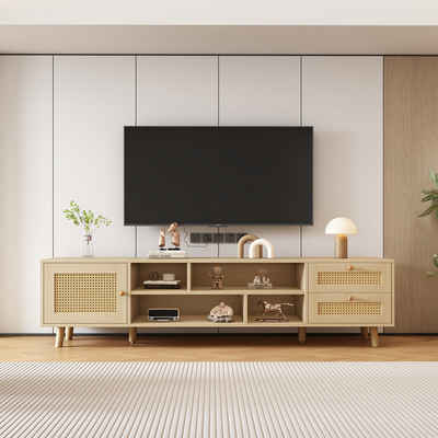 REDOM TV-Schrank (mit LED-Beleuchtung, 2 Schubladen, 1 Tür,für 70-Zoll-Fernseher) Premium 160 cm Holzfarbenes Rattan-TV-Ständer