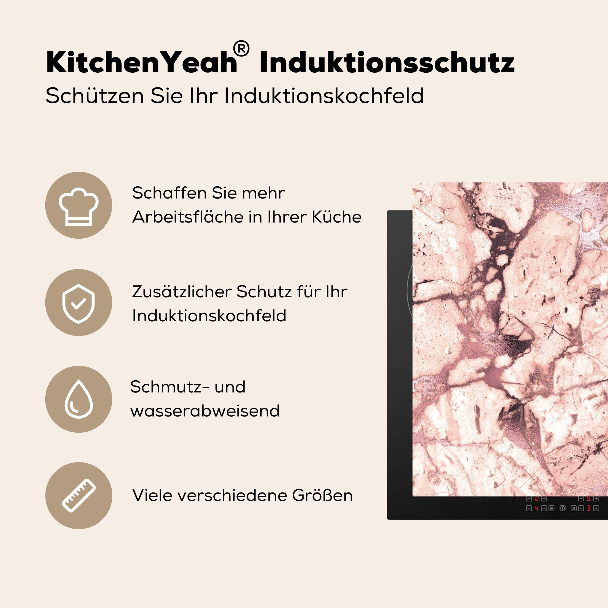 MuchoWow Herdblende-/Abdeckplatte Rosa - Marmor - Induktionskochfeld Ceranfeldabdeckung 81x52 Schutz tlg), die für Vinyl, cm, küche, Luxus, (1