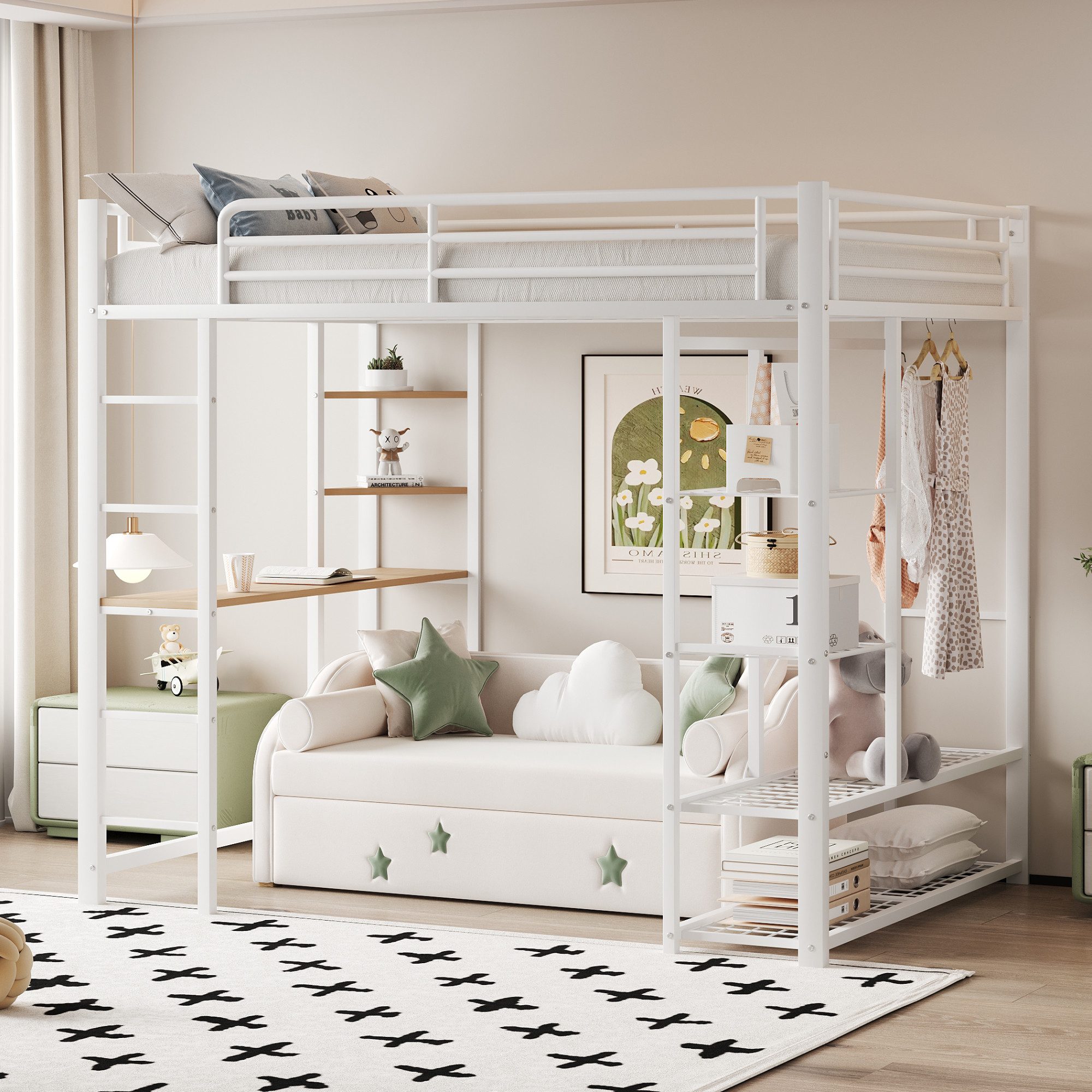 Merax Hochbett (1-St., Metall Jugendbett Etagenbett Multifunktionsbett) Kinderbett 90x200 cm mit Schreibtisch Kleiderschrank Ablagen & Leiter