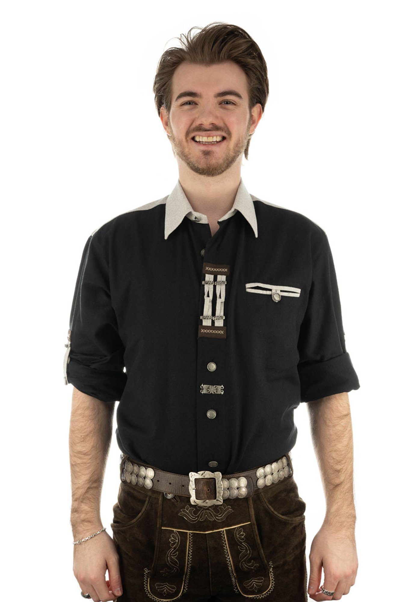 OS-Trachten Trachtenhemd Nevai Langarmhemd schwarz mit auf Knopfleiste Paspeltasche, der Zierteile