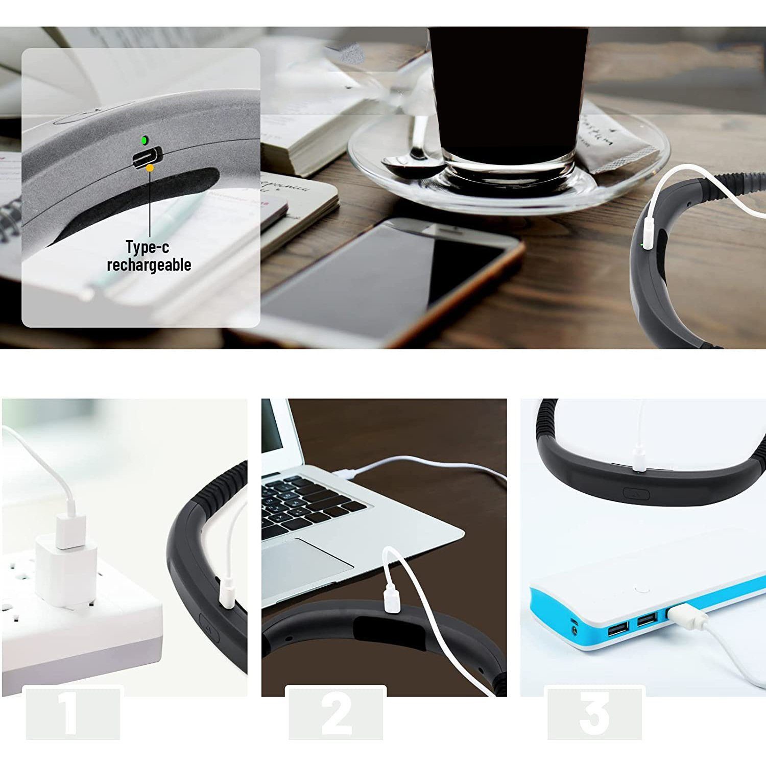 KINSI Klemmleuchten Hals Leselampe Buch, 3 Helligkeitsstufen und 3 Farben,schwarz/grau, LED fest integriert, Lichtfarbe: kaltweiß, warmweiß, gelb