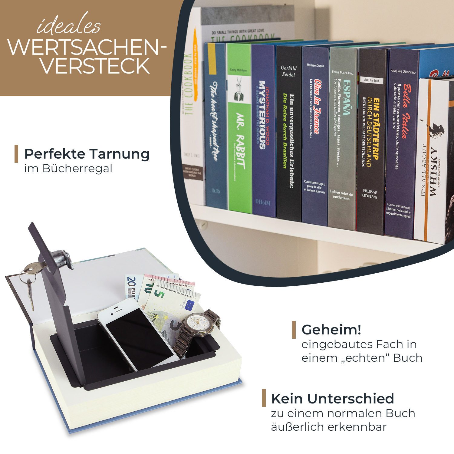 HMF Buchtresor getarnter Buchsafe für zuhause, innovatives Geheimversteck für Wertsachen, 23 x 15 x 4 cm
