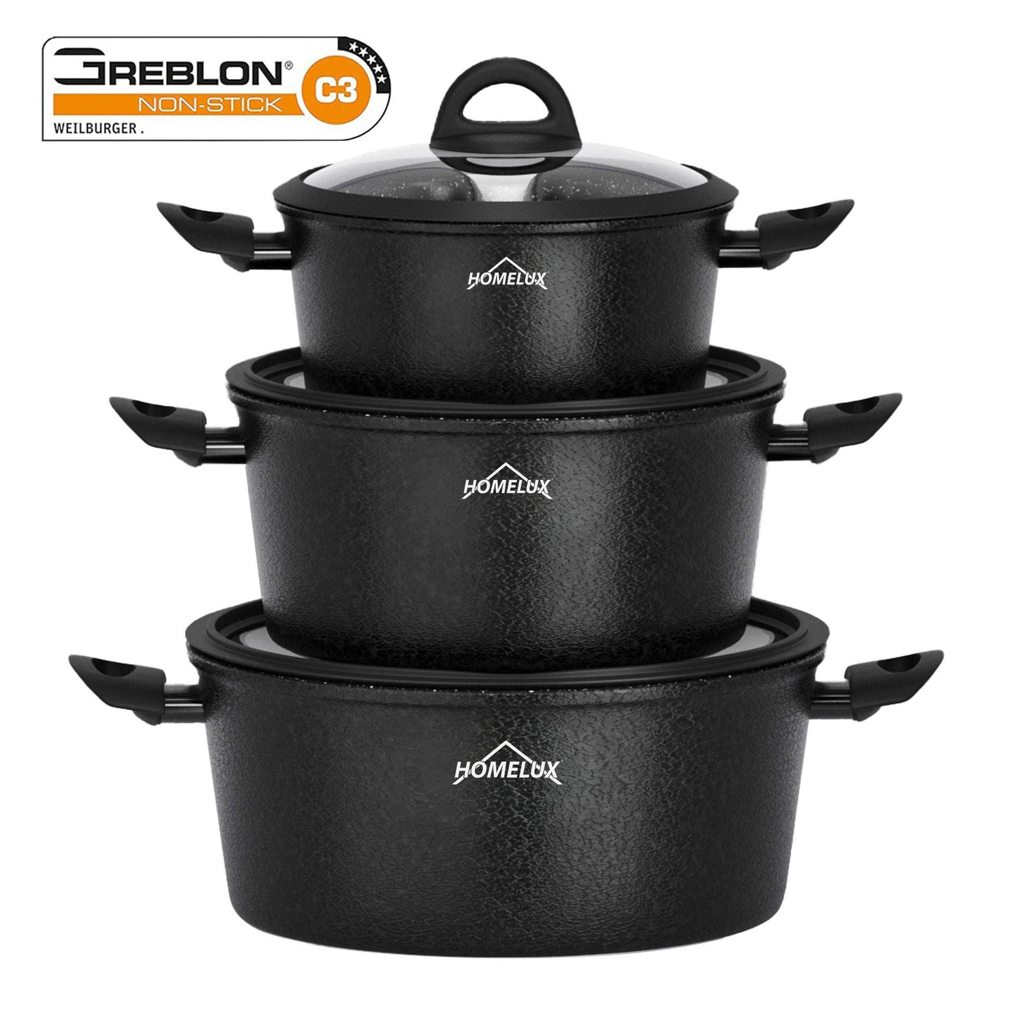 Scheffler Topf-Set Induktions Töpfe Set Schwarze Antihaftbeschichtung mit Glasdeckel, Aluminium (Set, 6-tlg., Ø20 2,4L/Ø24 4,4L/Ø28 6,5L Töpfe Set mit Glasdeckel), Induktionsgeeignet