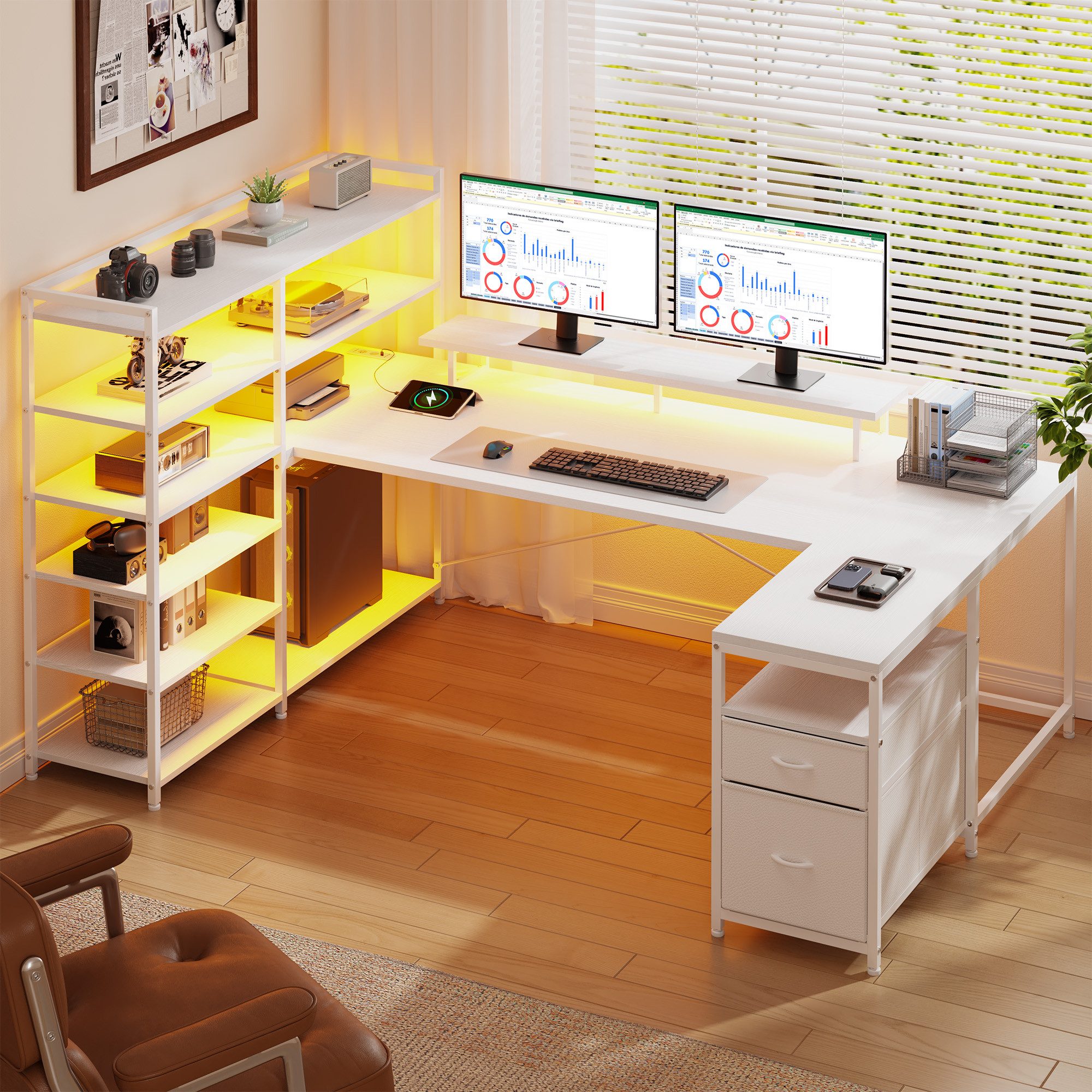 Klyvvo Eckschreibtisch U-Form Schreibtisch mit LED, 2 Schubladen & 6 Regalen (1-St., Monitorhalterung, Steckdosen), Großer Schreibtisch für Homeoffice, Studieren, Gaming