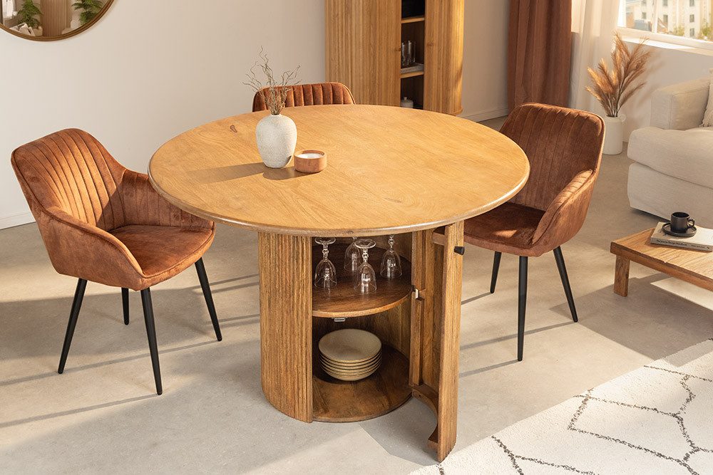 riess-ambiente Esstisch TRES CHIC Ø120cm braun Mangoholz – rund, Säule, mit Stauraum & Ablage (Einzelartikel, 1-St), Massivholz Design, rustikaler Stil, runder Tisch, Stauraum im Fuß