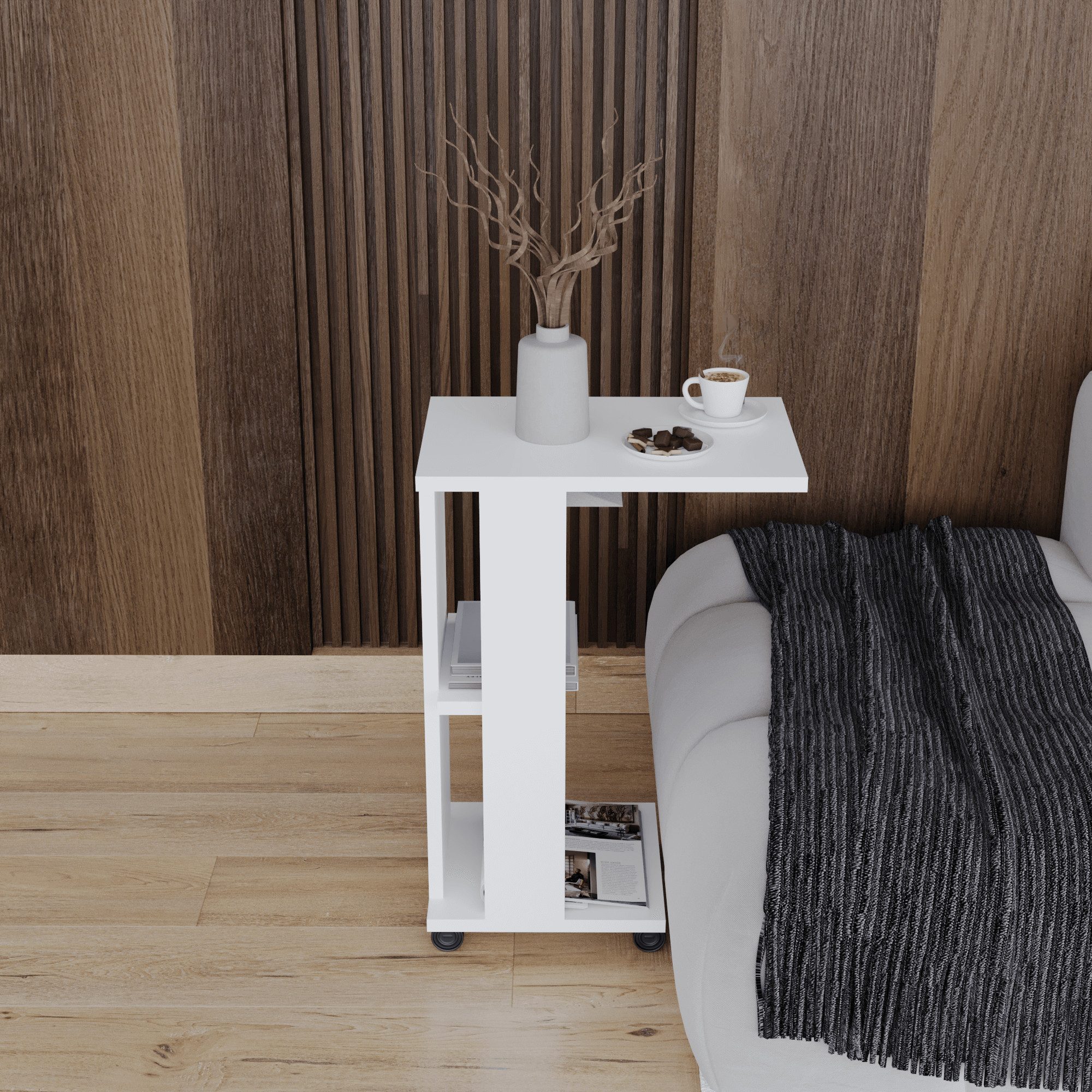 BDR Smart Home Art Beistelltisch Vigo Rollbarer Beistelltisch Weiß Modern, Mobil Für Büro, Wohnzimmer