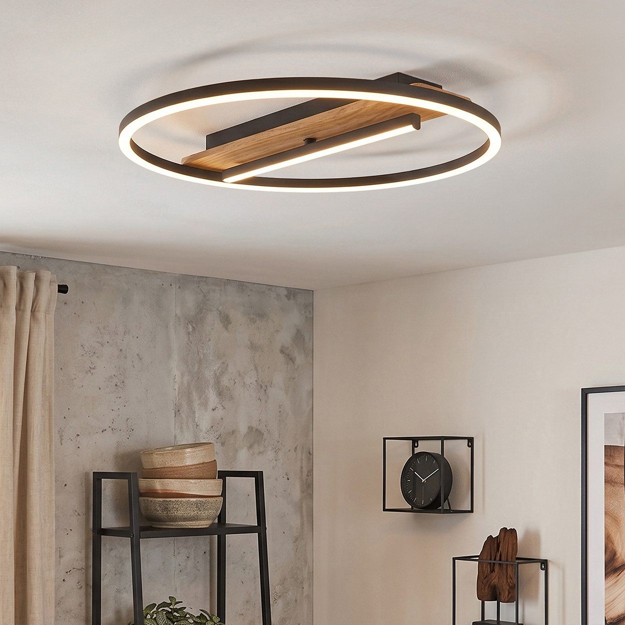hofstein Deckenleuchte Deckenlampe aus Metall/Kunststoff in Schwarz/Holzoptik/Weiß, ohne Leuchtmittel, verstellbare Leuchte im Boho-Design, 24 Watt, 2900 Lumen