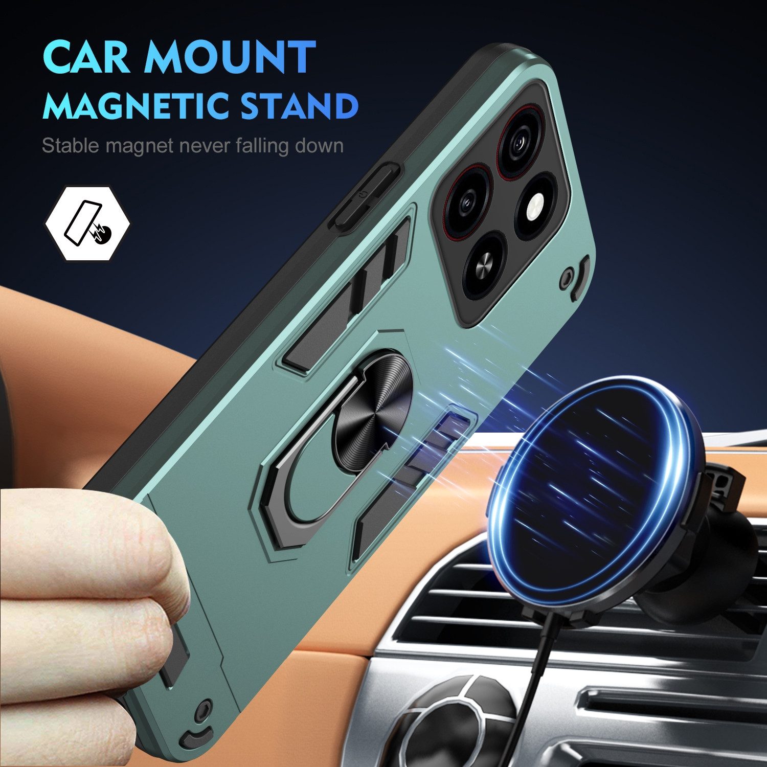 Wigento Handyhülle Für ZTE Blade A35 / A55 Armor Magnet Ring PC Schutz Handy Hülle Grün, Stoßfeste Hülle mit 360-Grad-Ringhalter