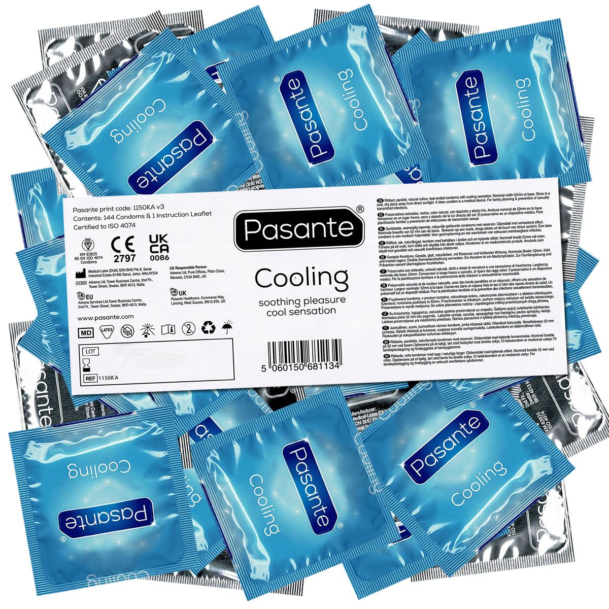 Pasante Kondome Cooling (gerippte Kondome mit Spezialbeschichtung) Packung mit, 144 St., kühlender Effekt für mehr Ausdauer