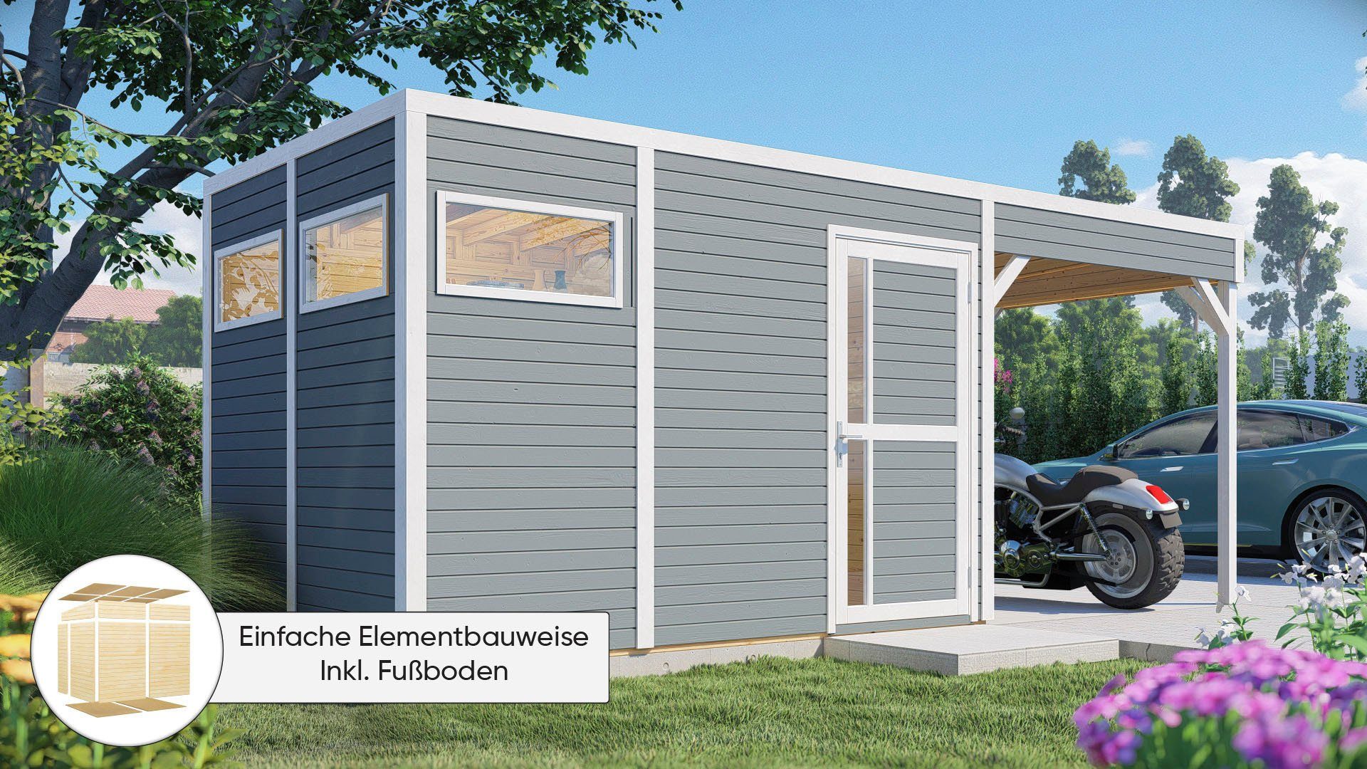 KONIFERA Gartenhaus Cubus 3 Lounge, BxT: 558x240 cm, mit Anbaudach