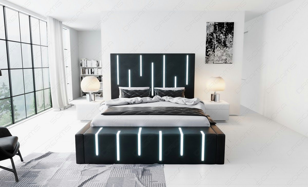 mit Topper Milona schwarz-weiß Sofa Dreams Beleuchtung, LED Boxspringbett Komplettbett Kunstleder mit Premium Bett