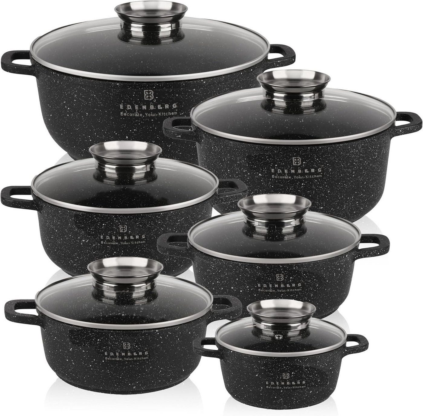 Zilner Topf-Set Schöne Schwarze Töpfe in 6 verschiedenen Größen, Steinbeschichtung, Keramik, Aluminium, Edelstahl, Aluminiumguss (Passt in jede Küche! 1.4L / 2.4L / 3.3L / 4.5L 6.7L, 12-tlg., Es ist eine perfekte Geschenkidee für jeden Anlass), Innovative