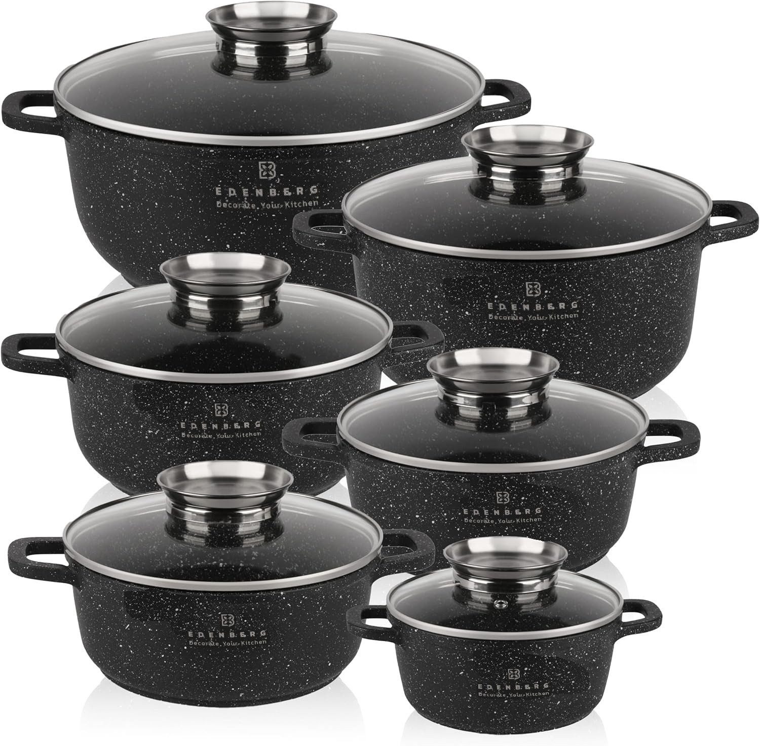 Zilner Topf-Set Schöne Schwarze Töpfe in 6 verschiedenen Größen, Steinbeschichtung, Aluminiumguss, Keramik, Edelstahl, Aluminium (Passt in jede Küche! 1.4L / 2.4L / 3.3L / 4.5L 6.7L, 12-tlg., Es ist eine perfekte Geschenkidee für jeden Anlass), Innovative Aroma Knob-Griffe