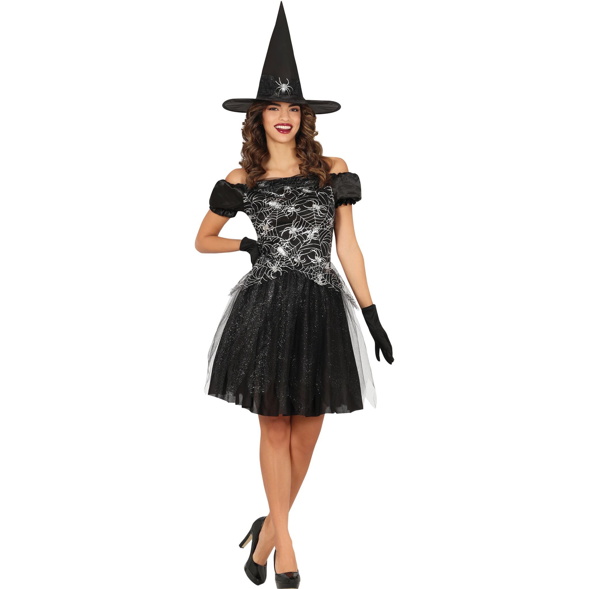 Fiestas Guirca Hexen-Kostüm Morgana mit Hut Schwarz-Silber Damen Halloween Fasching Karneval
