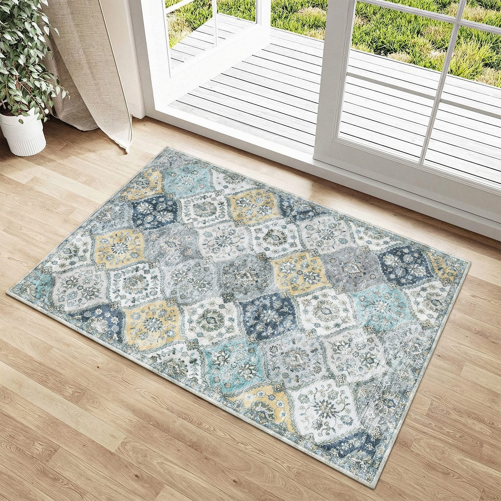 GarveeMore Teppich MosaikBlüte, rechteckig, Höhe: 5 mm, Mix aus Orient-, Boho- und modernem Wohnstil im Light-Luxury-Look