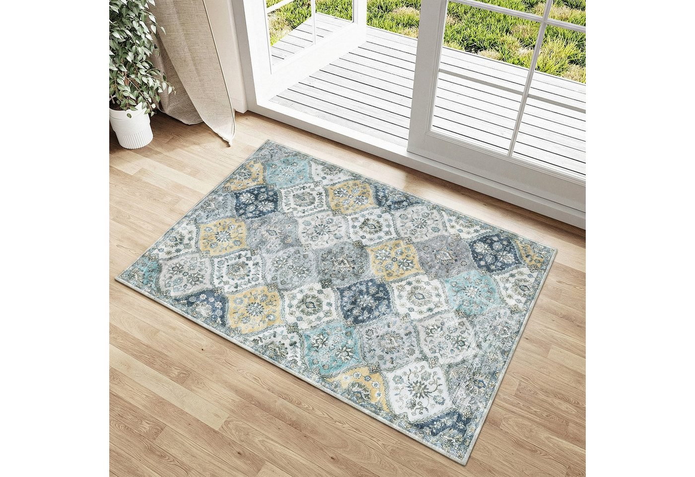 GarveeMore Teppich MosaikBlüte, rechteckig, Höhe: 5 mm, Mix aus Orient-, Boho- und modernem Wohnstil im Light-Luxury-Look