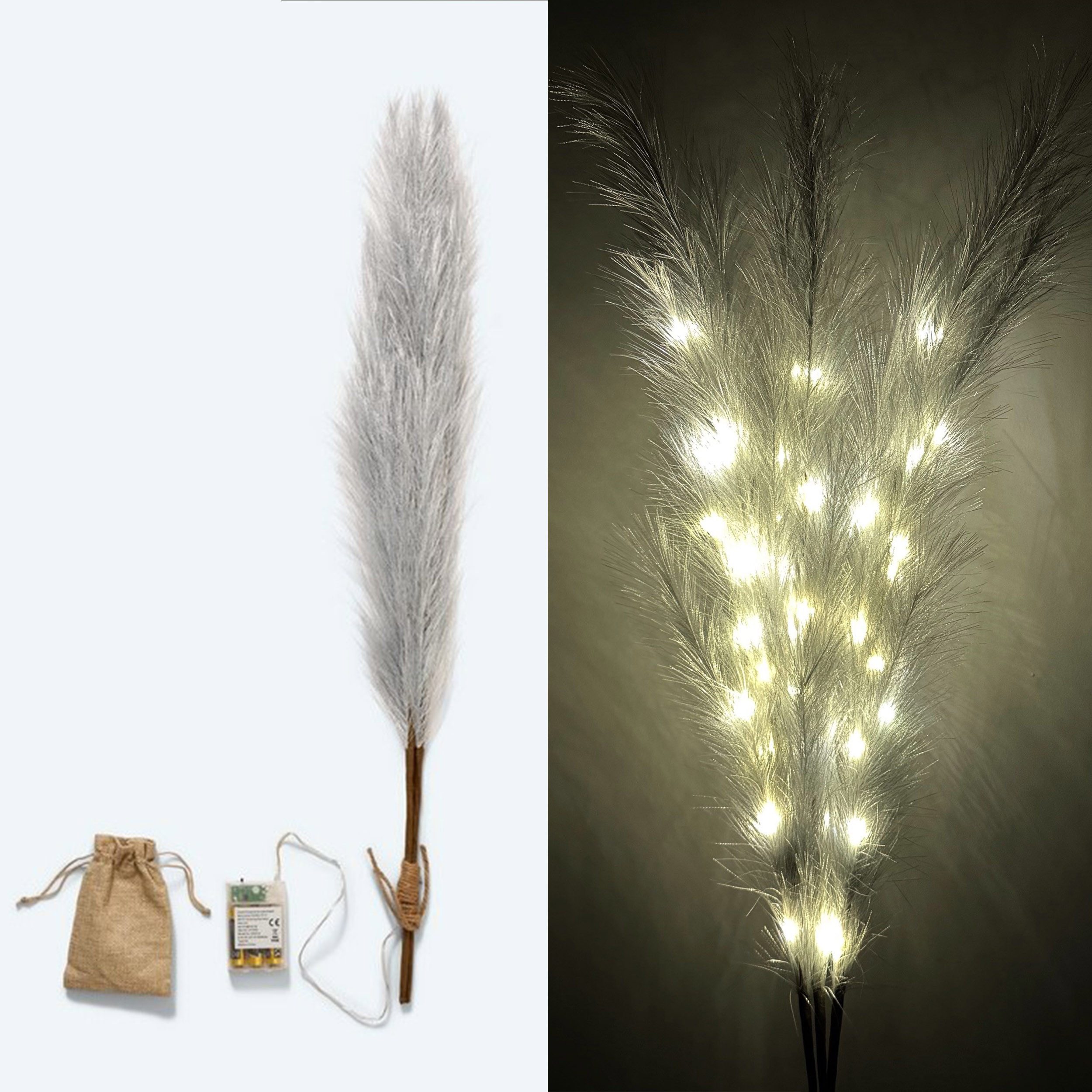 Kunstpflanze künstliches Pampasgras mit LED-Beleuchtung, Timer - 80 bis 115 cm groß - Kunstgräser, Online-Fuchs, Dekoration für Frühling, Sommer, Herbst & Winter