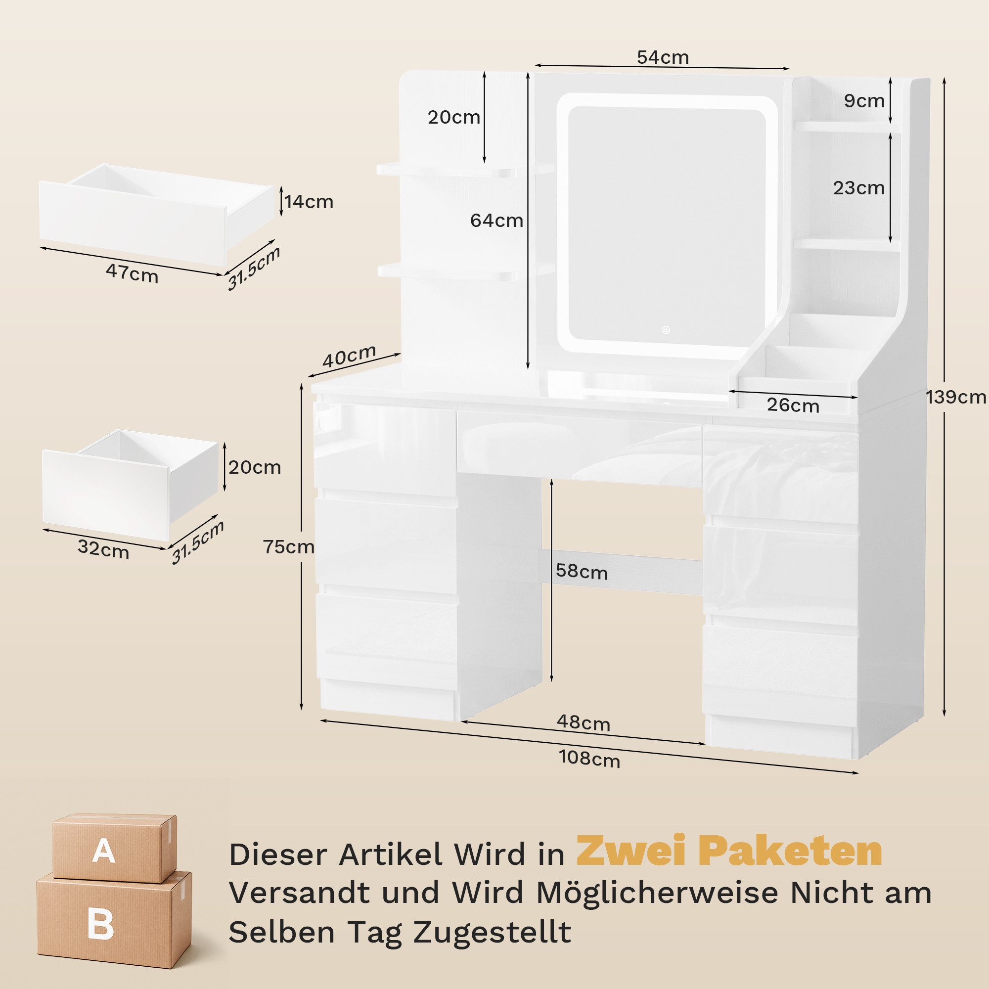 HOMALL Schminktisch LED-Spiegel, 7 Schubladen, 110 cm breit, Aufbewahrungshocker optional (Schminktisch mit dimmbarem LED-Spiegel (3 Farben), 7 Schubladen + 8 Fächer, 110×40×139 cm – 5 Farben (Schwarz/Rosa/Vintage/Weiß/Weiß Hochglanz), Hocker opt., E1-Platte), 110*40*139CM B/H/T