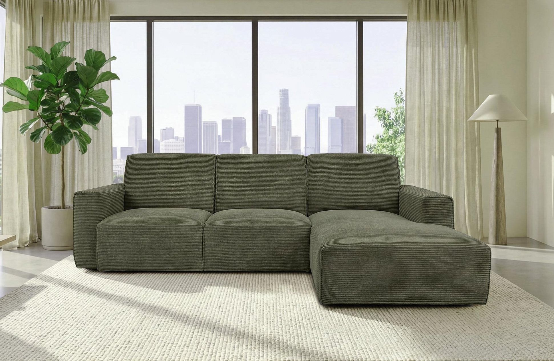 Hygger Möbelhaus Ecksofa Rio Ecksofa L-Form Cord XXL Big Sofa Wohnzimmer Modern, Wellenunterfederung, Cordstoff 90000 Scheuertouren, Made in Europe, Polsterecke L Form inkl. Ottomane Couch Groß Bequem Design
